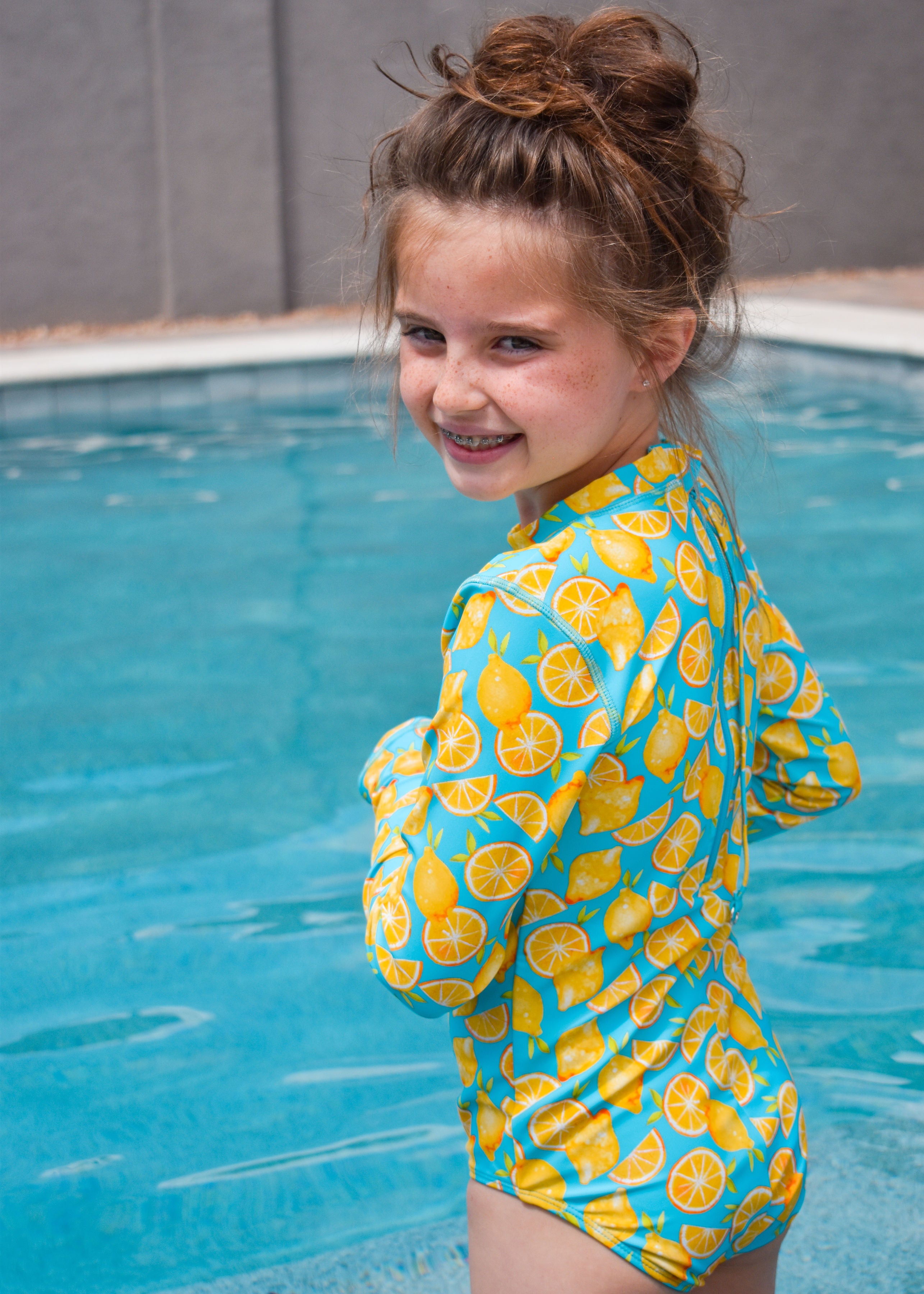 Girls Long Sleeve Surf Suit (One Piece Bodysuit) | "Lemons"-SwimZip UPF 50+ Sun Protective Swimwear & UV Zipper Rash Guards-pos8