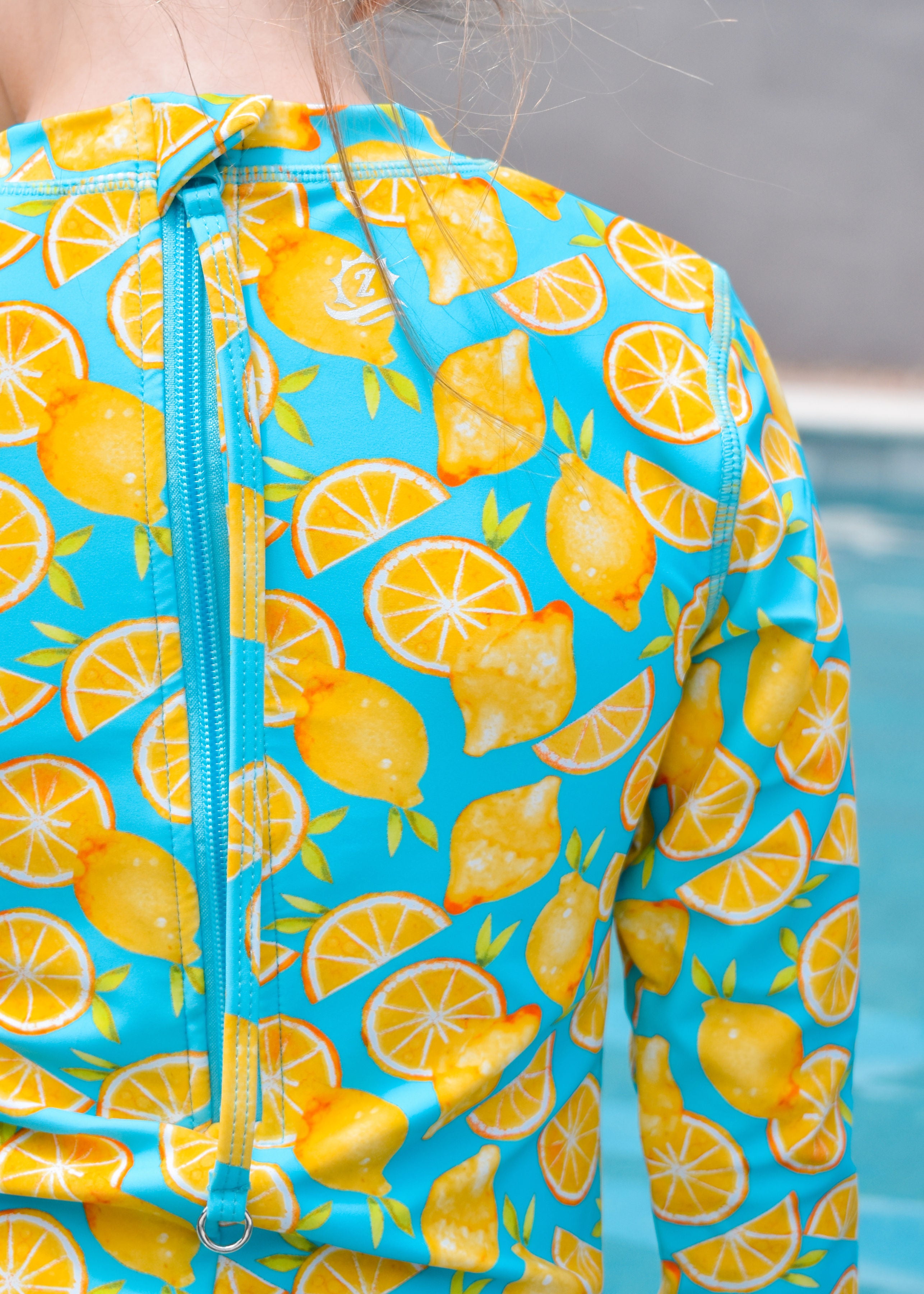 Girls Long Sleeve Surf Suit (One Piece Bodysuit) | "Lemons"-SwimZip UPF 50+ Sun Protective Swimwear & UV Zipper Rash Guards-pos9