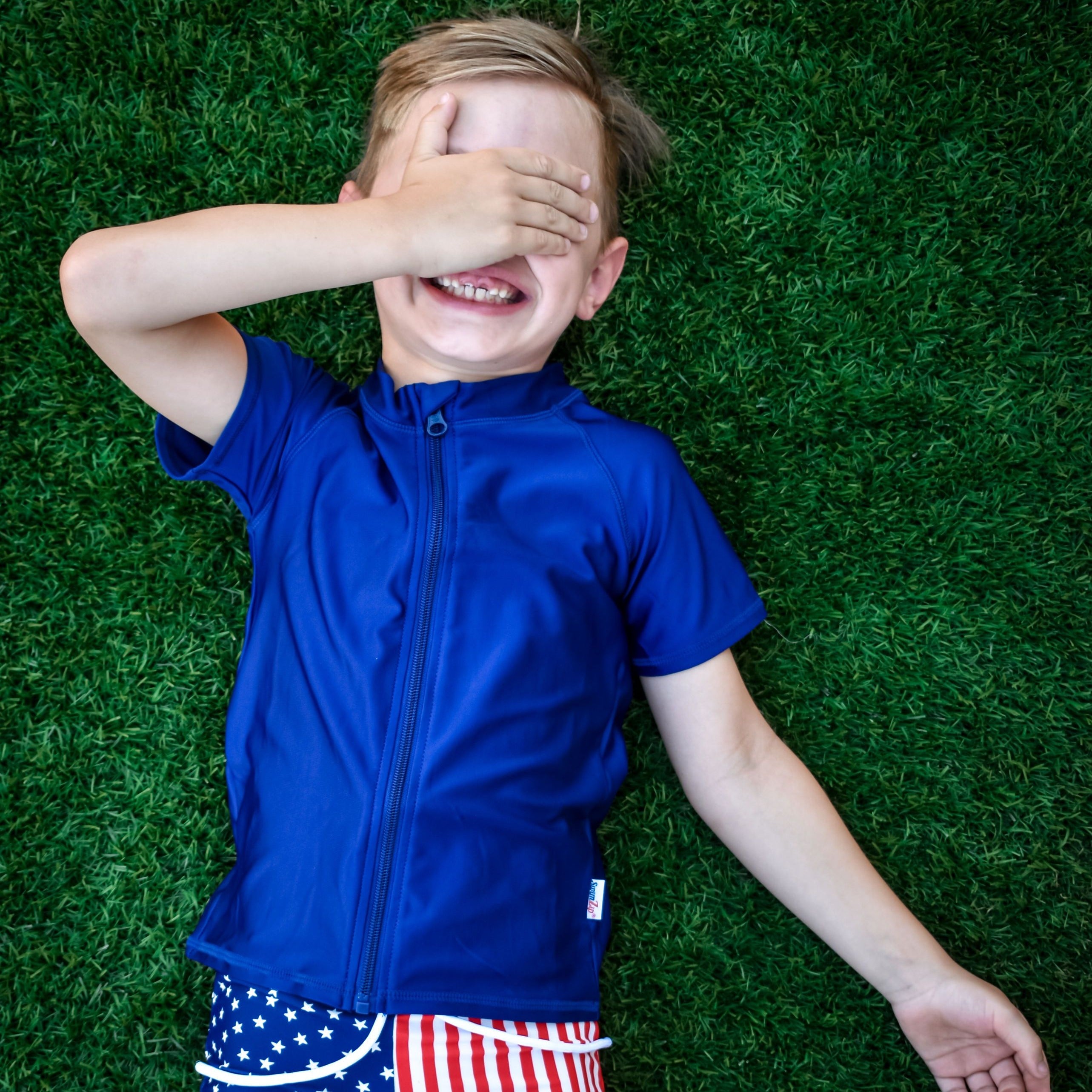 Kids Short Sleeve Zipper Rash Guard Swim Shirt | “Navy”-SwimZip UPF 50+ Sun Protective Swimwear & UV Zipper Rash Guards-pos5