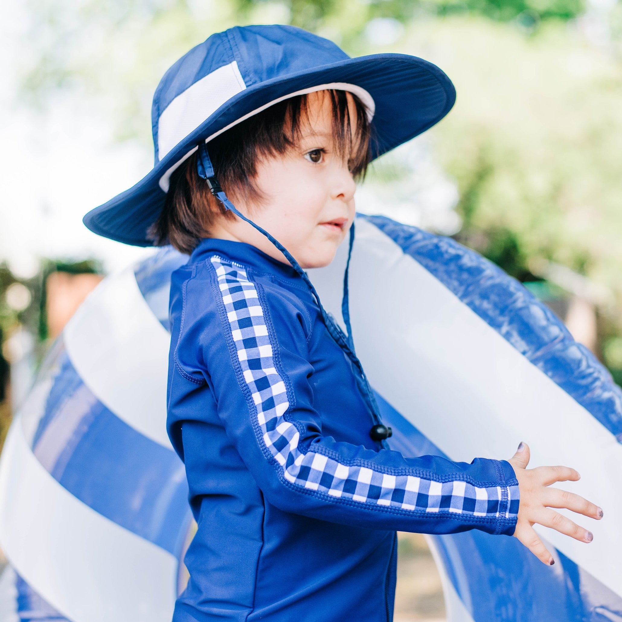 Boys Long Sleeve Zipper Rash Guard and Swim Trunk Set | "Navy Gingham"-SwimZip UPF 50+ Sun Protective Swimwear & UV Zipper Rash Guards-pos4