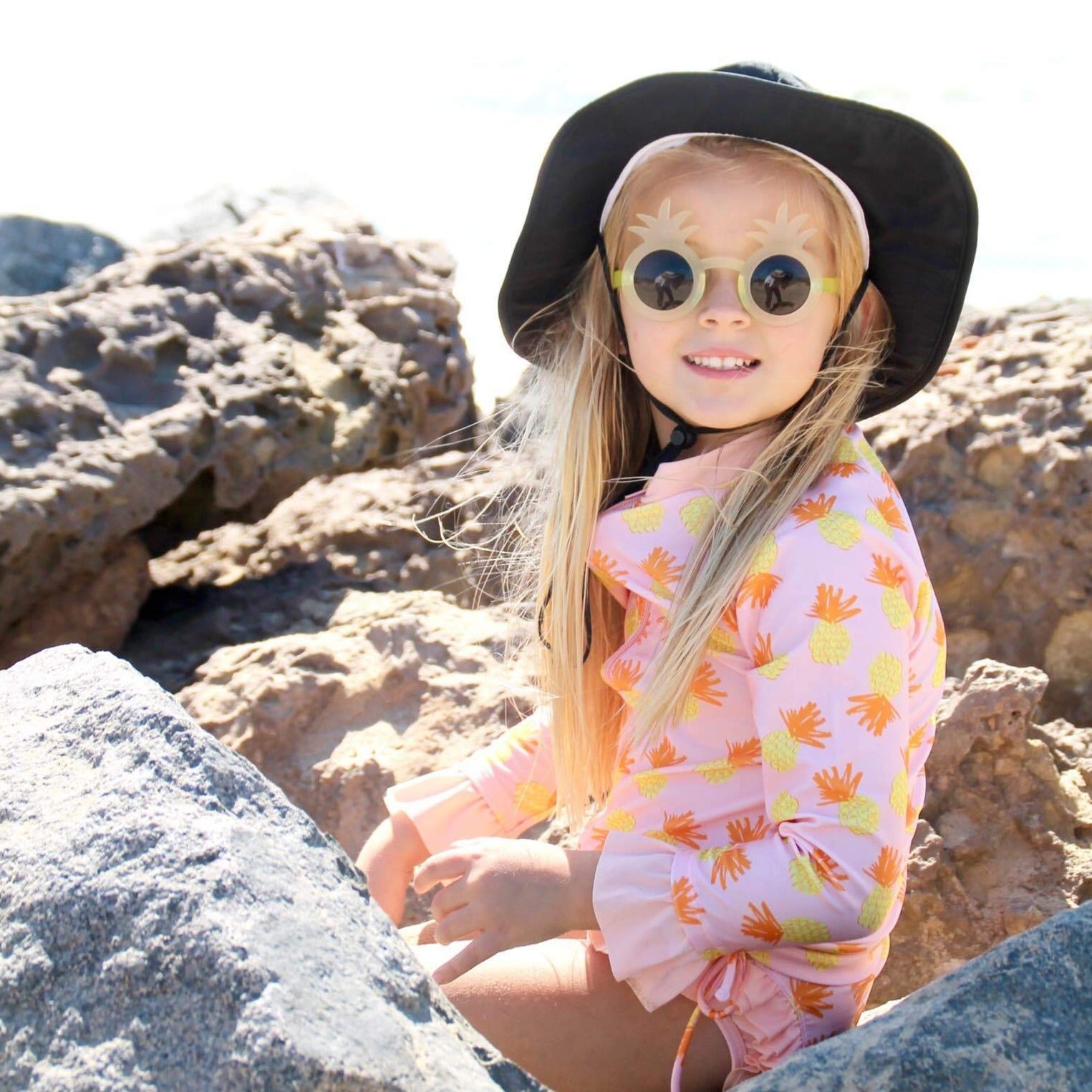 Kids Wide Brim Sun Hat "Fun Sun Day Play Hat" - Black-SwimZip UPF 50+ Sun Protective Swimwear & UV Zipper Rash Guards-pos4