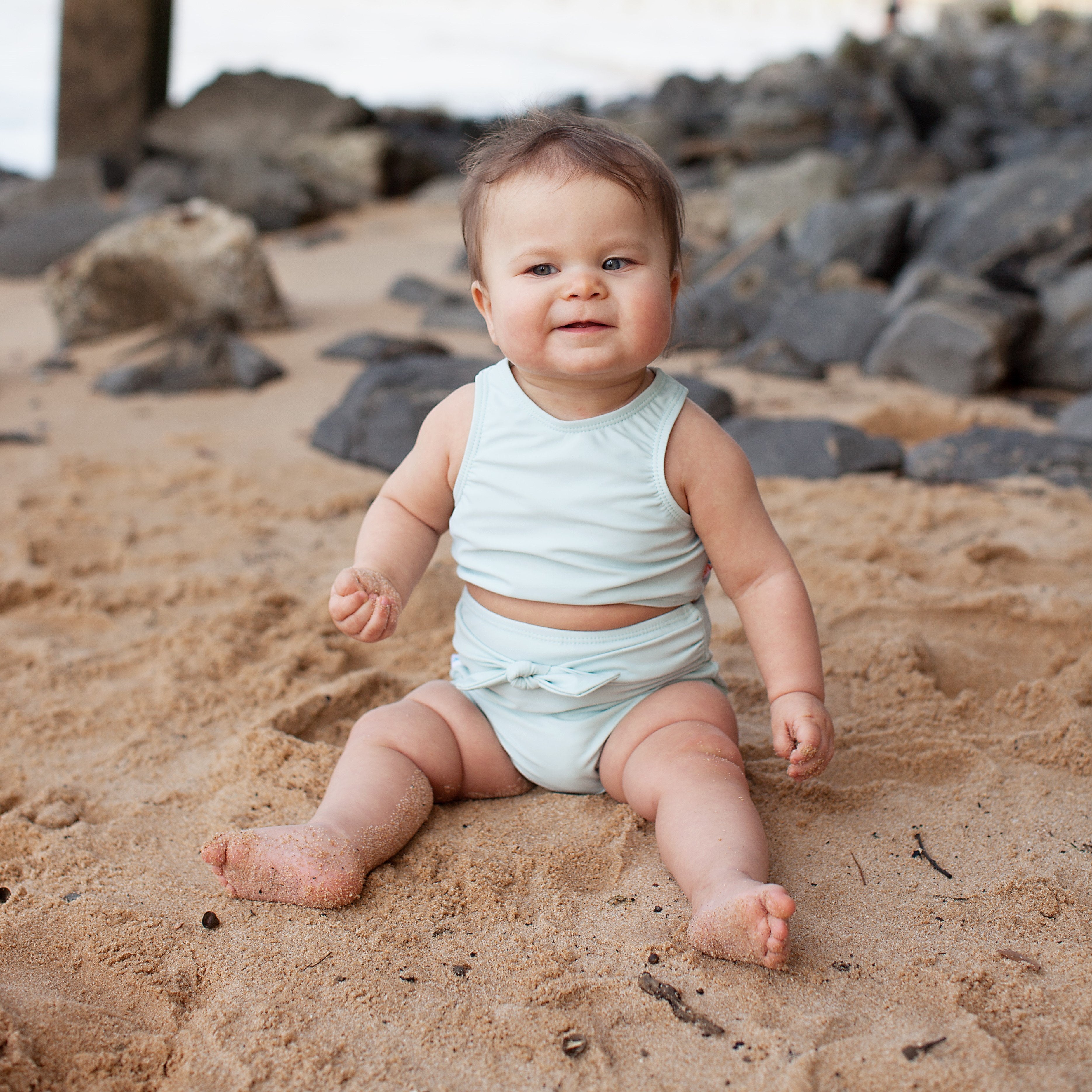 Girls Halter Top High-Waisted Set (2 Piece) | "Tied with a Bow" Whispering Blue-SwimZip UPF 50+ Sun Protective Swimwear & UV Zipper Rash Guards-pos3