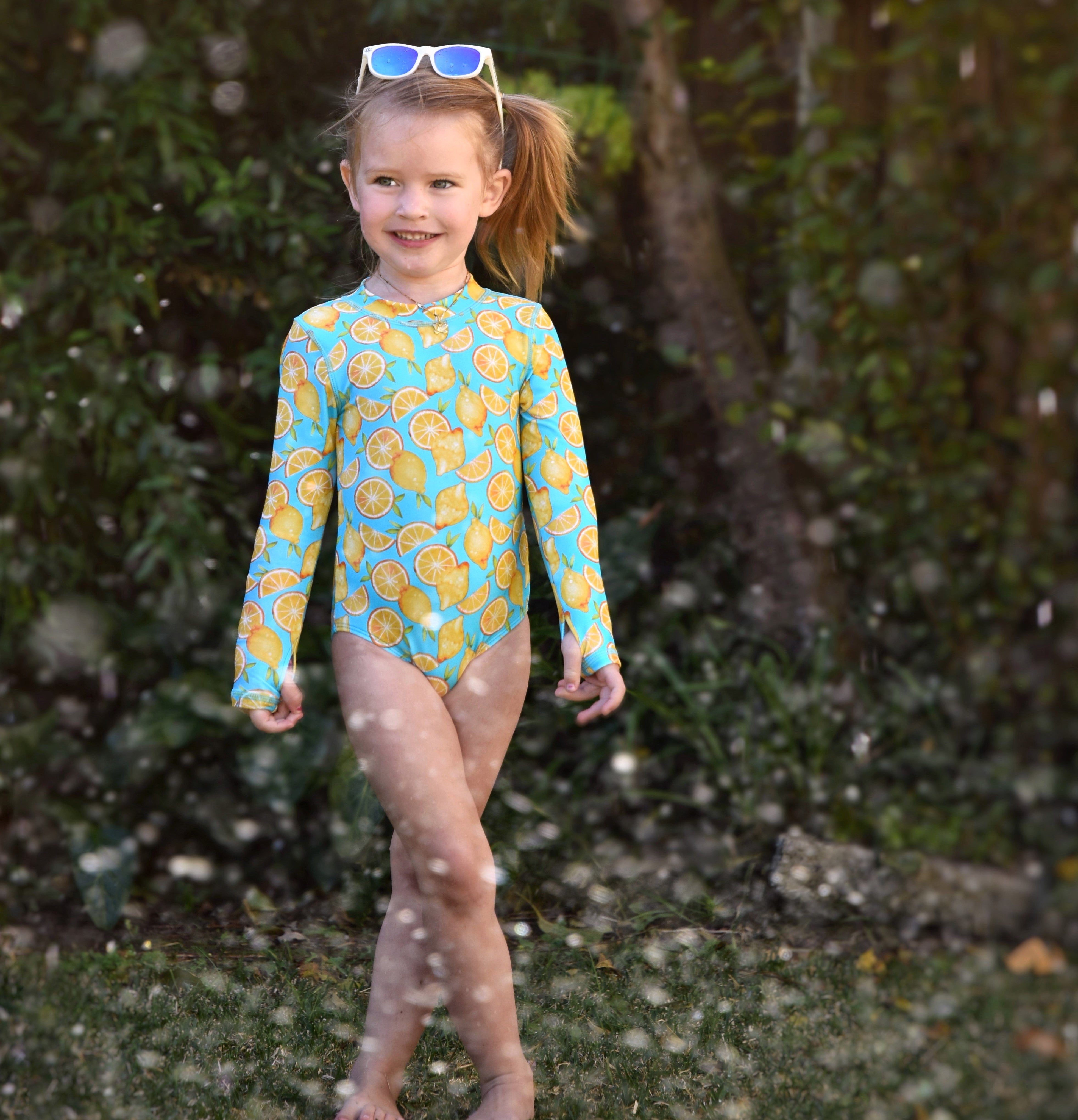 Girls Long Sleeve Surf Suit (One Piece Bodysuit) | "Lemons"-SwimZip UPF 50+ Sun Protective Swimwear & UV Zipper Rash Guards-pos13