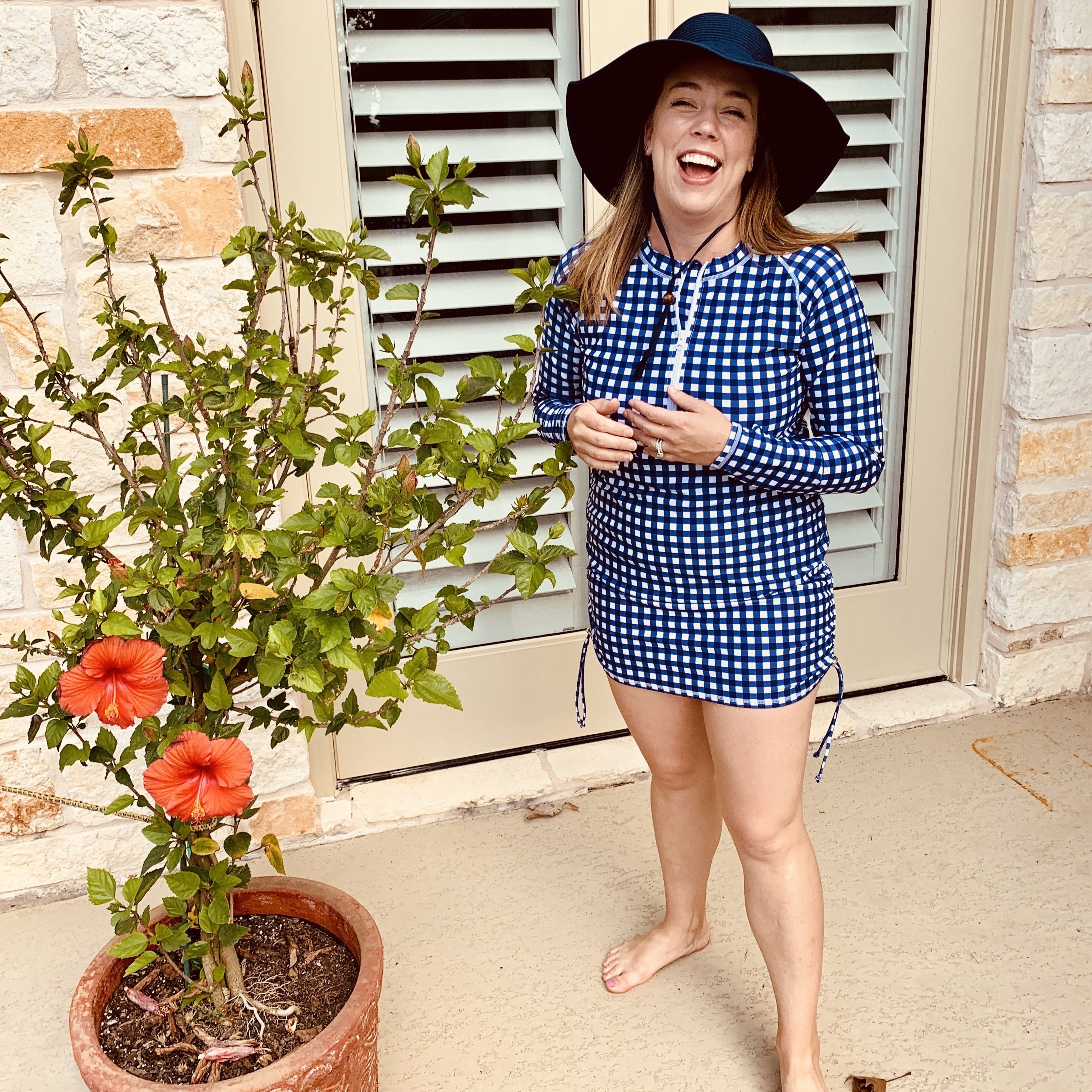 Women's Half Zip Swim Dress Cover Up | "Navy Gingham"-SwimZip UPF 50+ Sun Protective Swimwear & UV Zipper Rash Guards-pos2