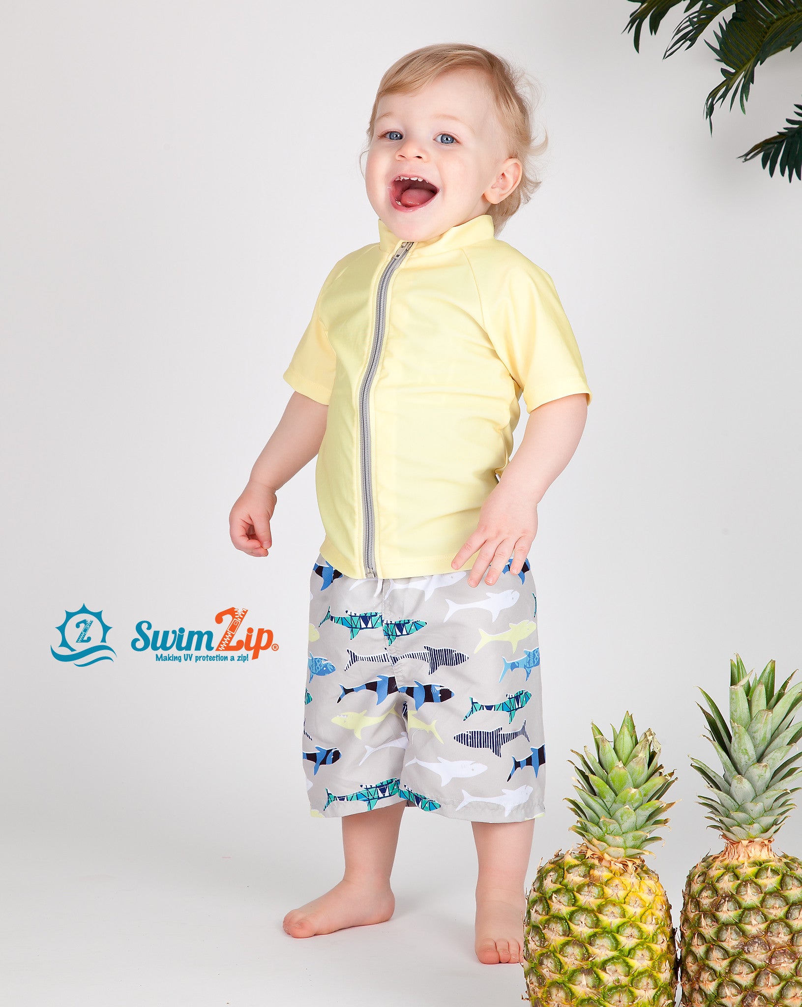 Boys Short Sleeve Zipper Rash Guard and Swim Trunk Set | "Shark Feast"-SwimZip UPF 50+ Sun Protective Swimwear & UV Zipper Rash Guards-pos4