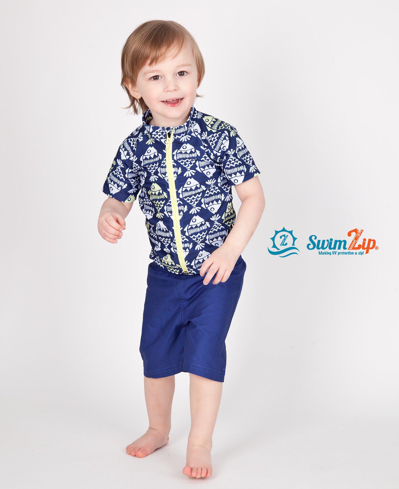Boys Short Sleeve Zipper Rash Guard and Swim Trunk Set | "Fish Bone Babe"-SwimZip UPF 50+ Sun Protective Swimwear & UV Zipper Rash Guards-pos5