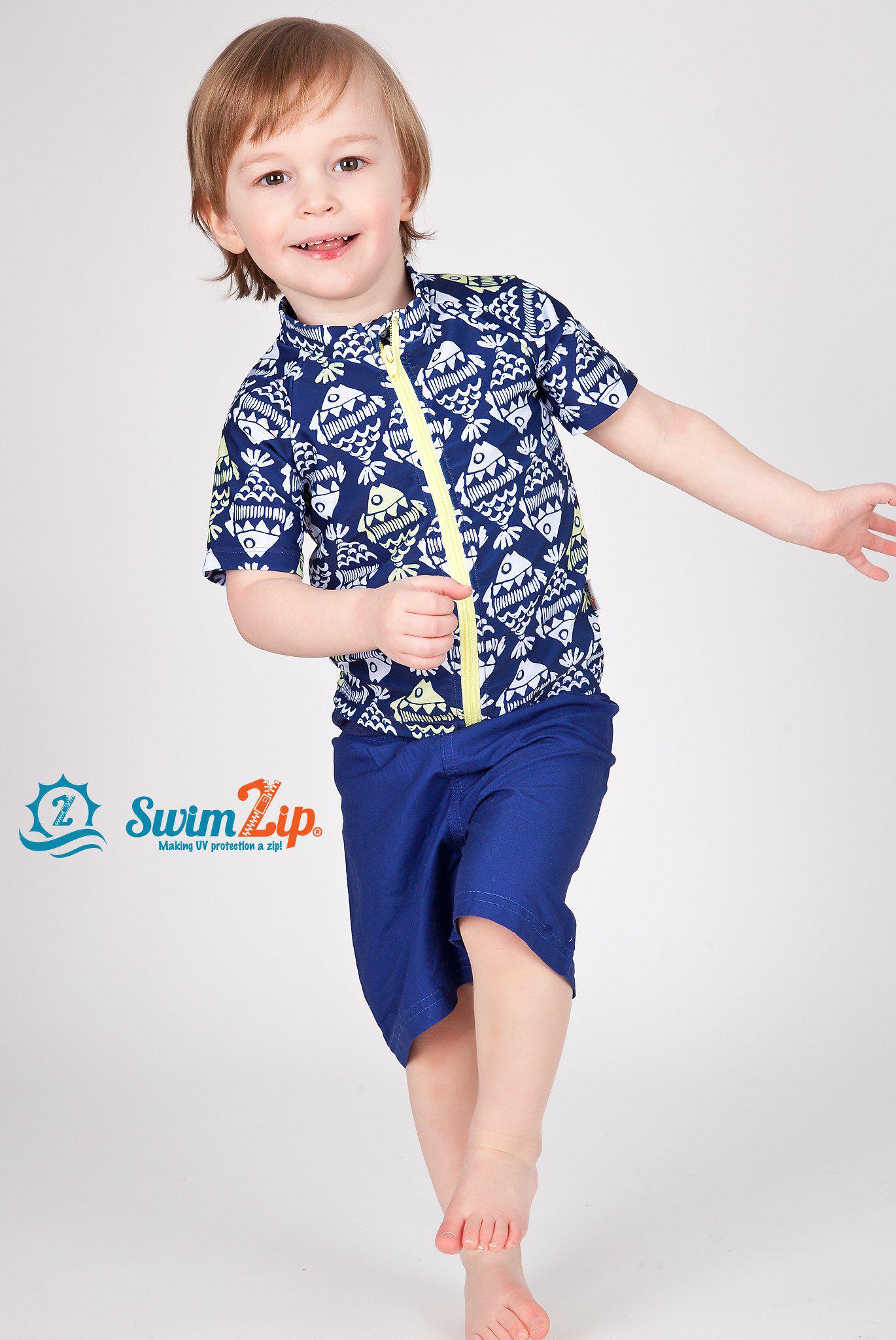 Boys Short Sleeve Zipper Rash Guard and Swim Trunk Set | "Fish Bone Babe"-SwimZip UPF 50+ Sun Protective Swimwear & UV Zipper Rash Guards-pos3