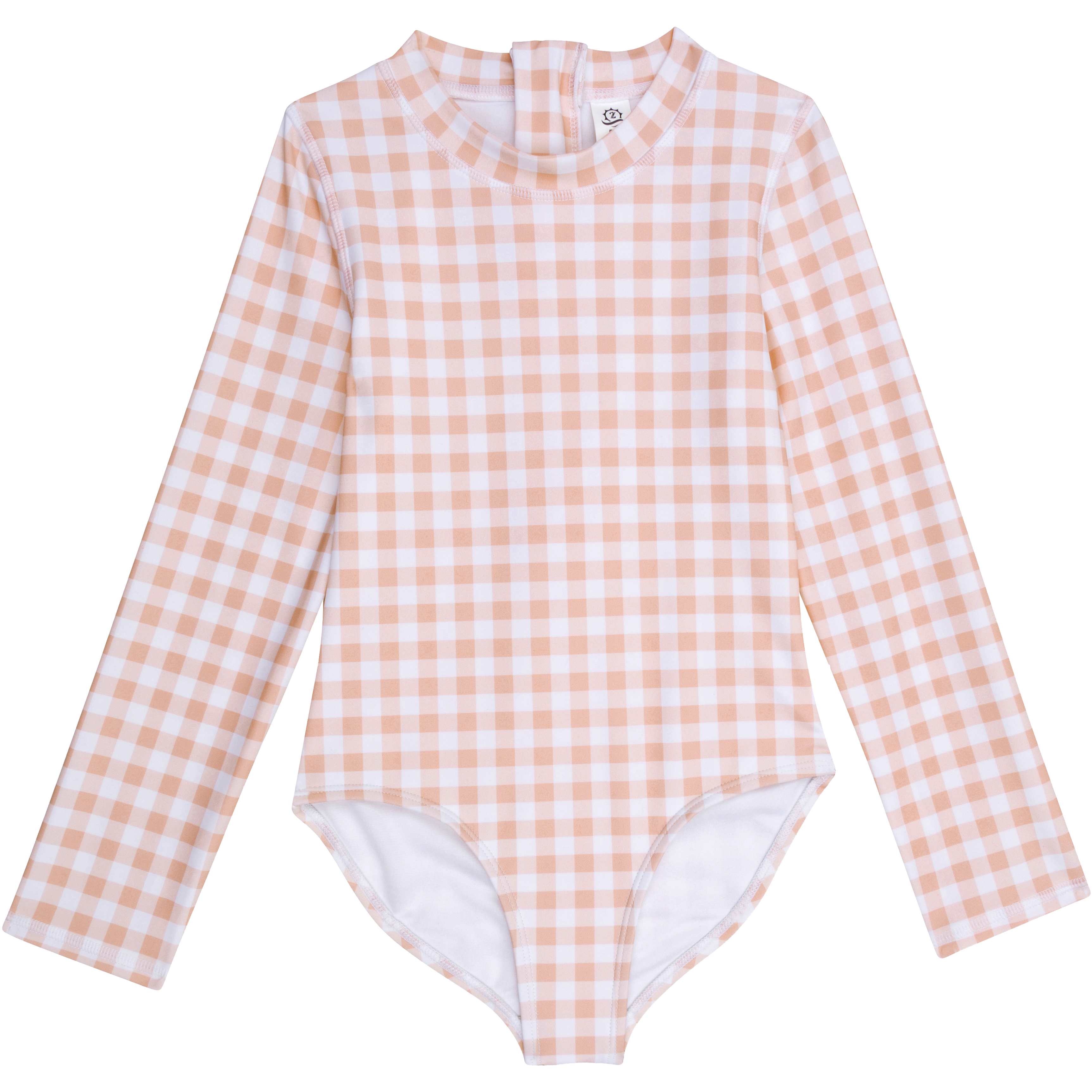 Girls Long Sleeve Surf Suit (One Piece Bodysuit) | "Pink Gingham"-6-12 Month-Pink Gingham-SwimZip UPF 50+ Sun Protective Swimwear & UV Zipper Rash Guards-pos1