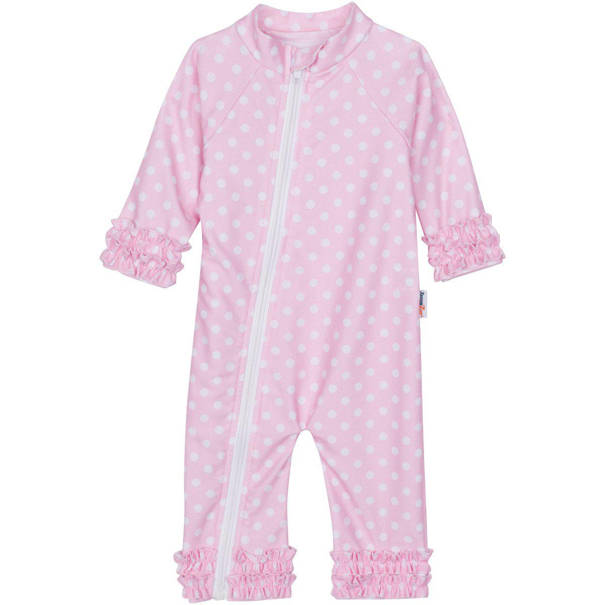 Sunsuit - Long Sleeve Romper Swimsuit | "Sassy Surfer" Pink Polka Dot-0-6 Month-Pink Sassy Surfer-SwimZip UPF 50+ Sun Protective Swimwear & UV Zipper Rash Guards-pos1
