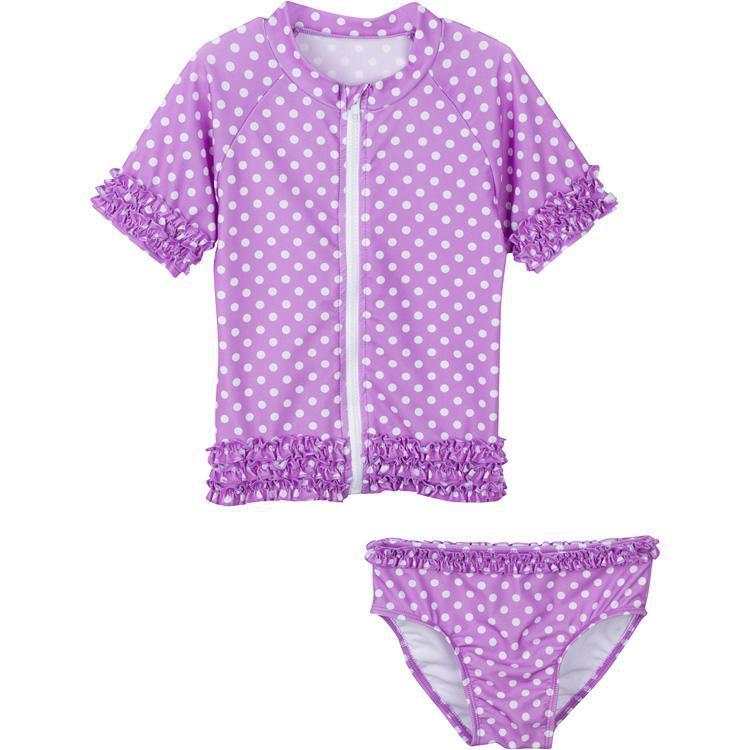 Girls Short Sleeve Rash Guard Swimsuit Set (2 Piece) - "Sassy Surfer" Purple Violet-6-12 Month-Purple-SwimZip UPF 50+ Sun Protective Swimwear & UV Zipper Rash Guards-pos1