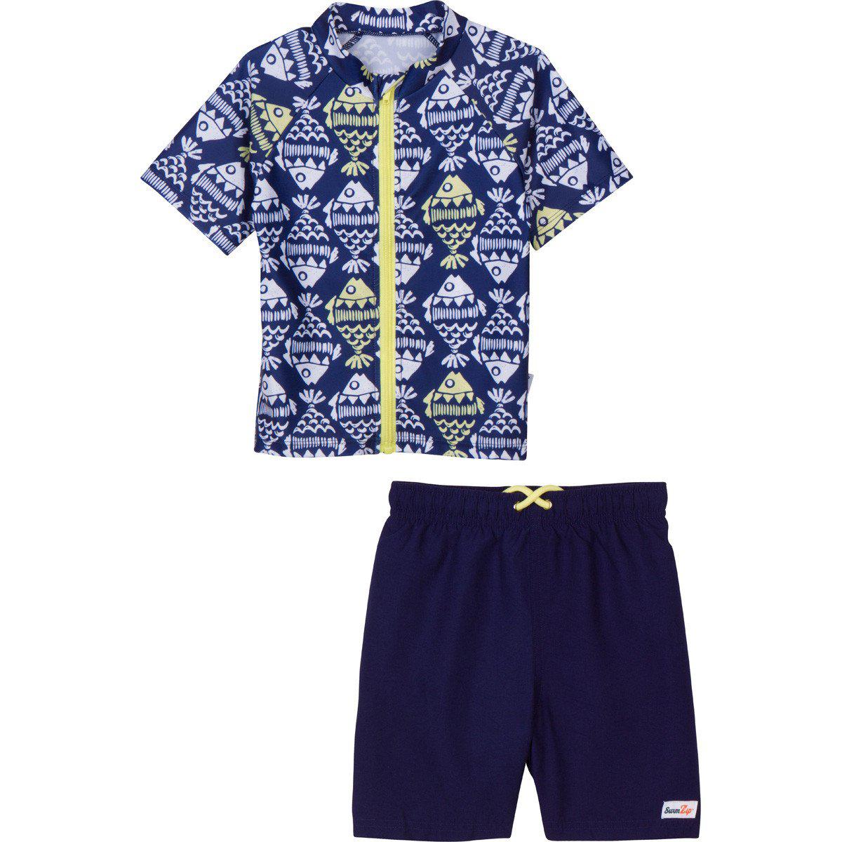 Boys Short Sleeve Zipper Rash Guard and Swim Trunk Set | "Fish Bone Babe"-0-3 Month-Navy-SwimZip UPF 50+ Sun Protective Swimwear & UV Zipper Rash Guards-pos1