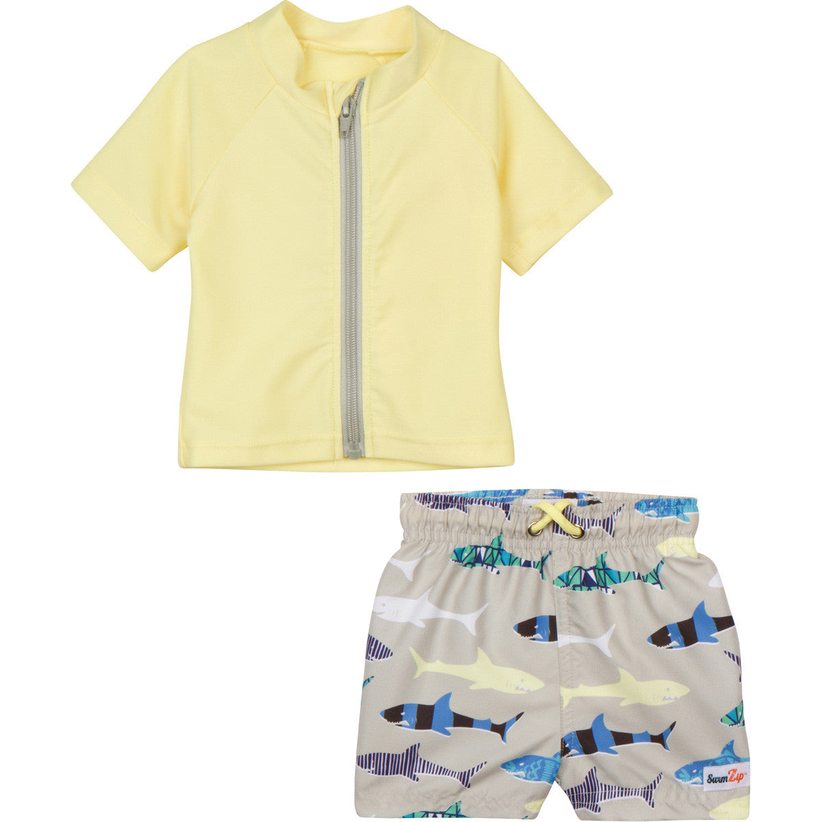 Boys Short Sleeve Zipper Rash Guard and Swim Trunk Set | "Shark Feast"-SwimZip UPF 50+ Sun Protective Swimwear & UV Zipper Rash Guards-pos1