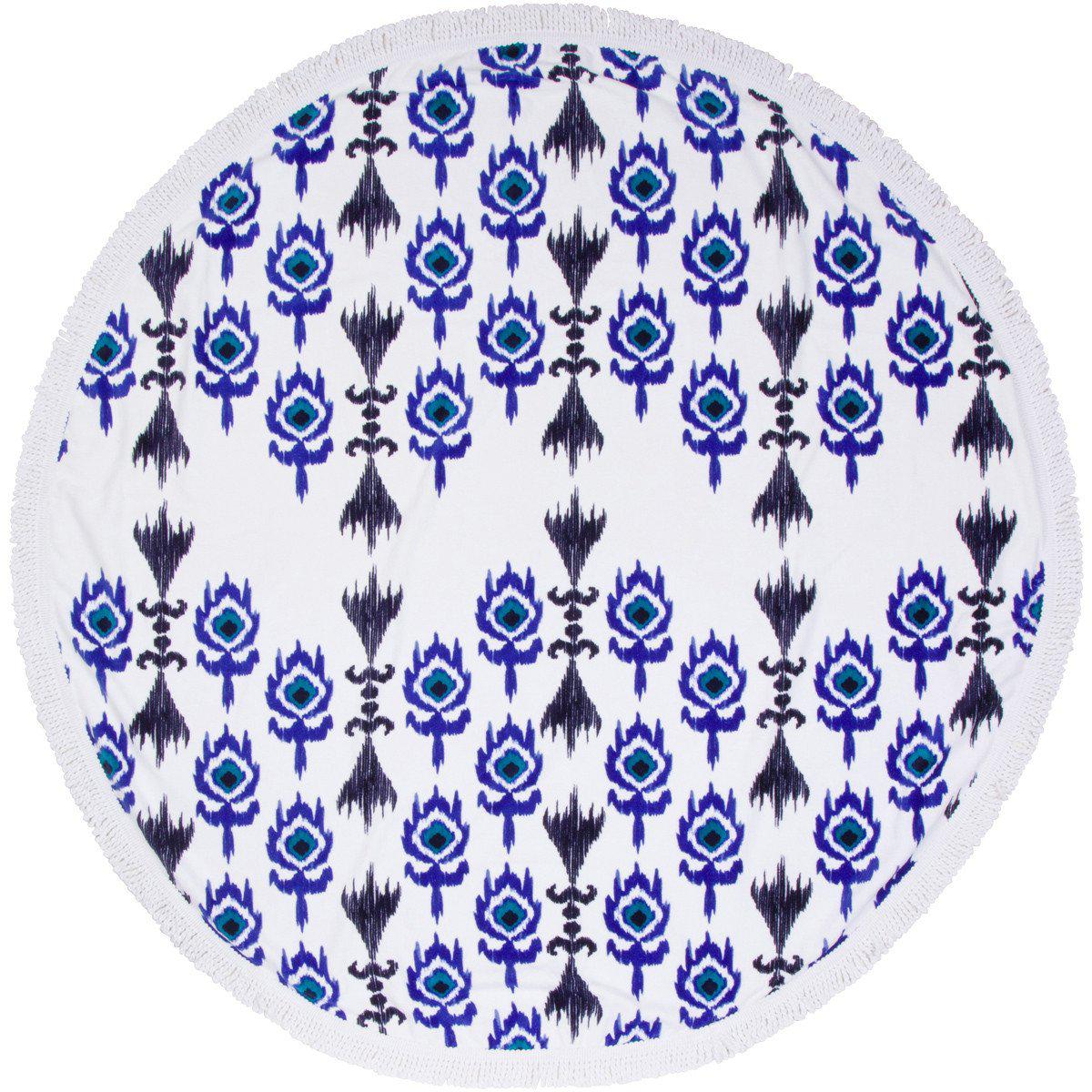 Round Blue and White Beach Towel | "Globe Trotter"-1 Size-Globe Trotter-SwimZip UPF 50+ Sun Protective Swimwear & UV Zipper Rash Guards-pos1