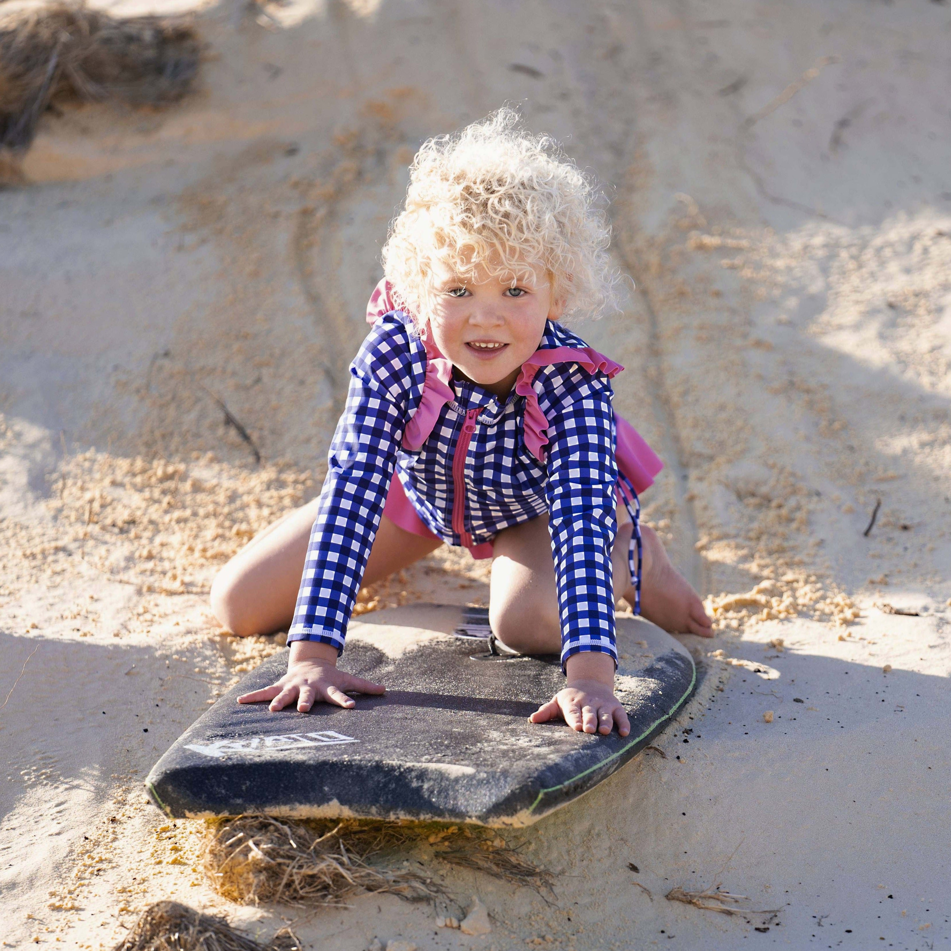 Girls Long Sleeve Rash Guard Ruffle Bottom Swimsuit Set (2 Piece) | "Navy Gingham"-SwimZip UPF 50+ Sun Protective Swimwear & UV Zipper Rash Guards-pos2