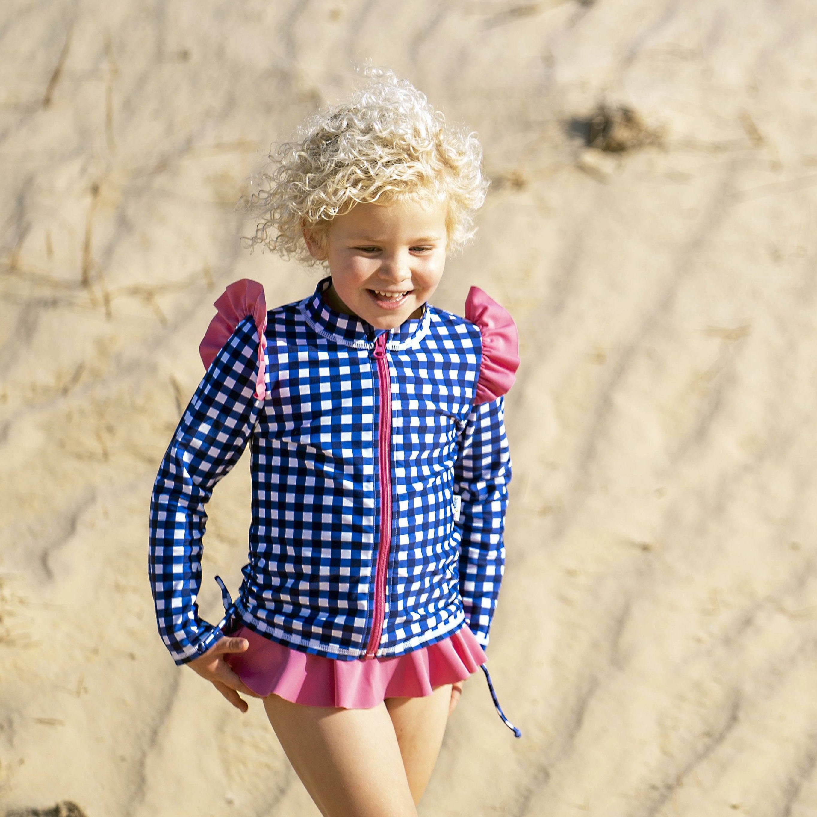 Girls Long Sleeve Rash Guard Ruffle Bottom Swimsuit Set (2 Piece) | "Navy Gingham"-SwimZip UPF 50+ Sun Protective Swimwear & UV Zipper Rash Guards-pos3