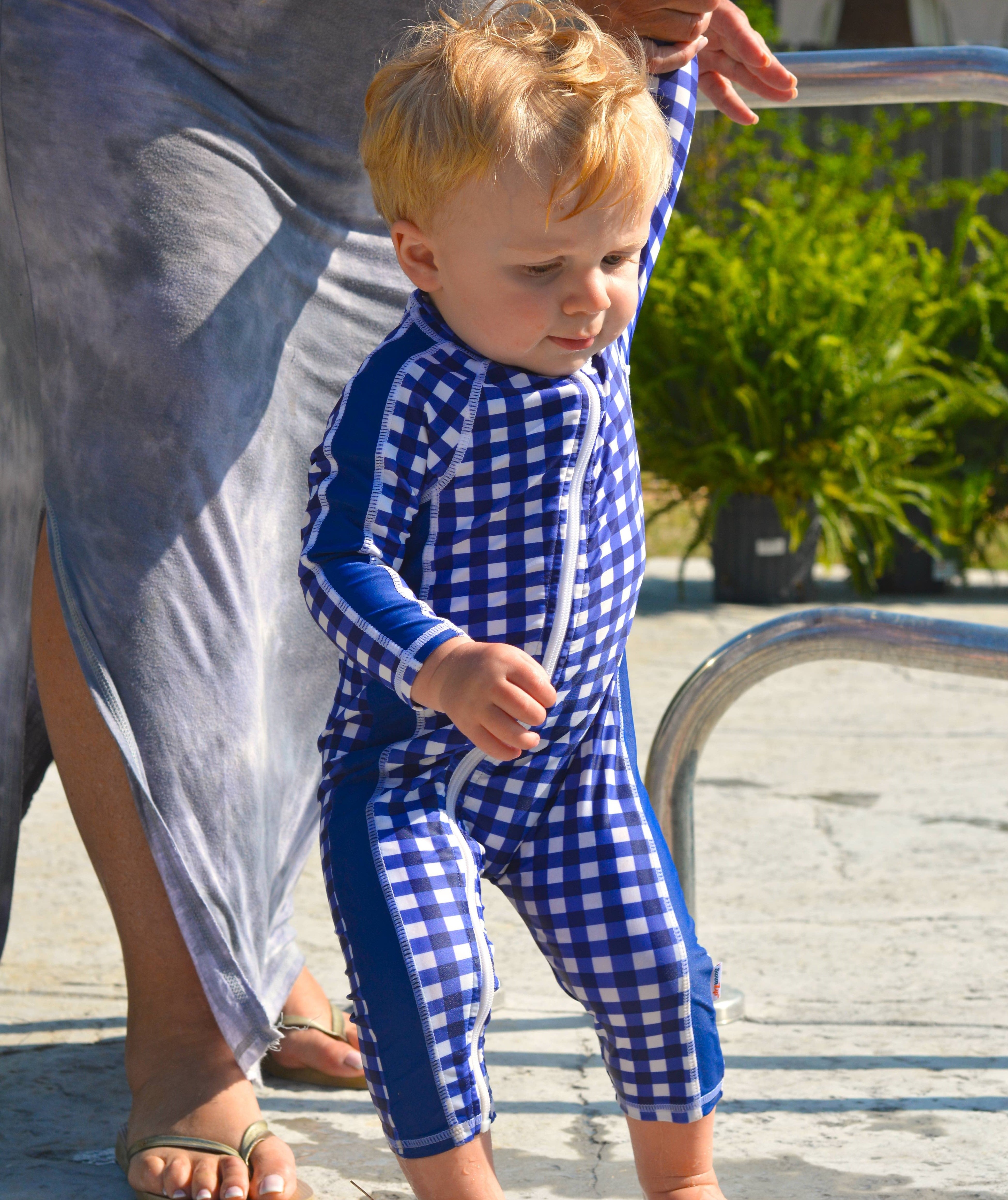 Sunsuit - Long Sleeve Romper Swimsuit | "Navy Gingham"-SwimZip UPF 50+ Sun Protective Swimwear & UV Zipper Rash Guards-pos7