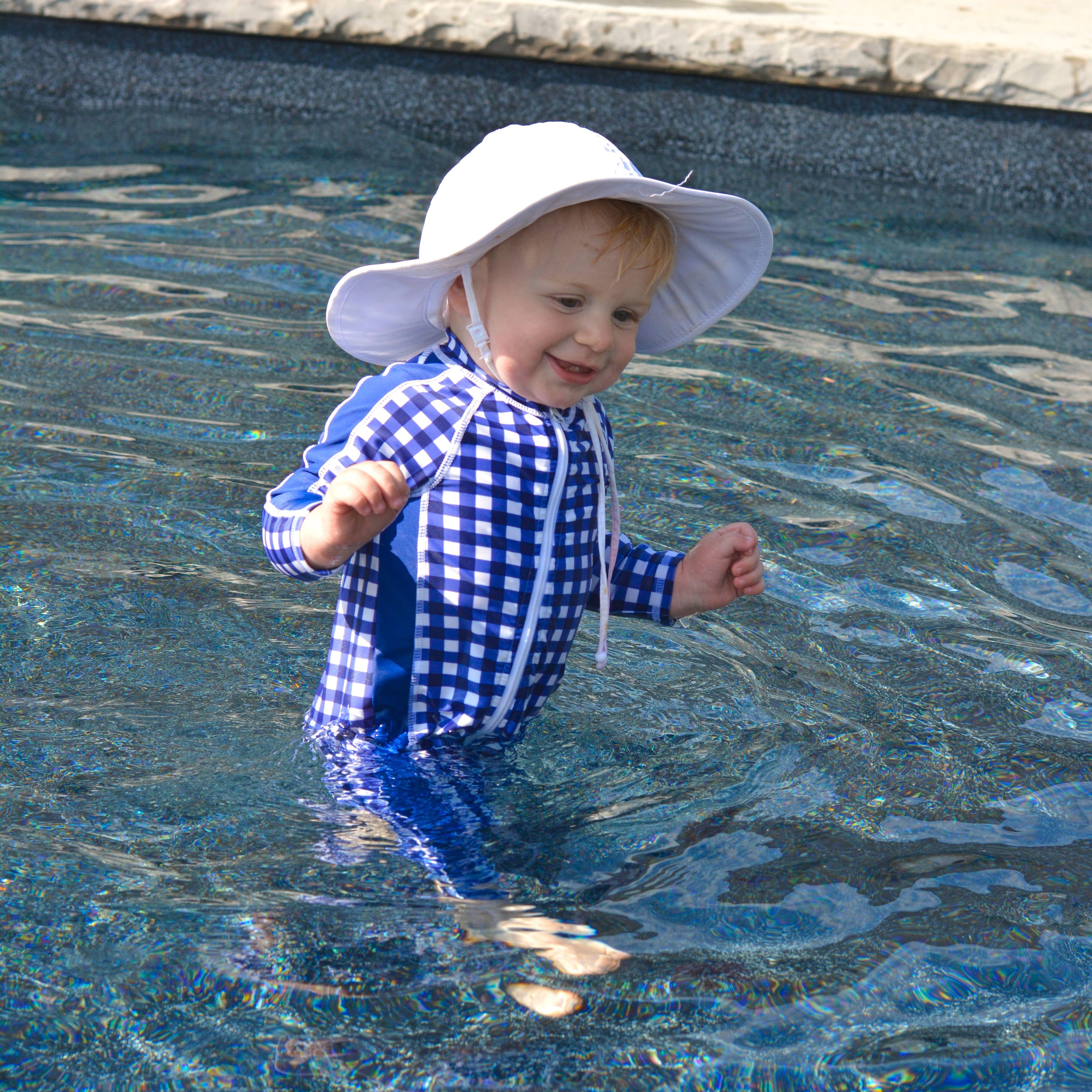 Sunsuit - Long Sleeve Romper Swimsuit | "Navy Gingham"-SwimZip UPF 50+ Sun Protective Swimwear & UV Zipper Rash Guards-pos5