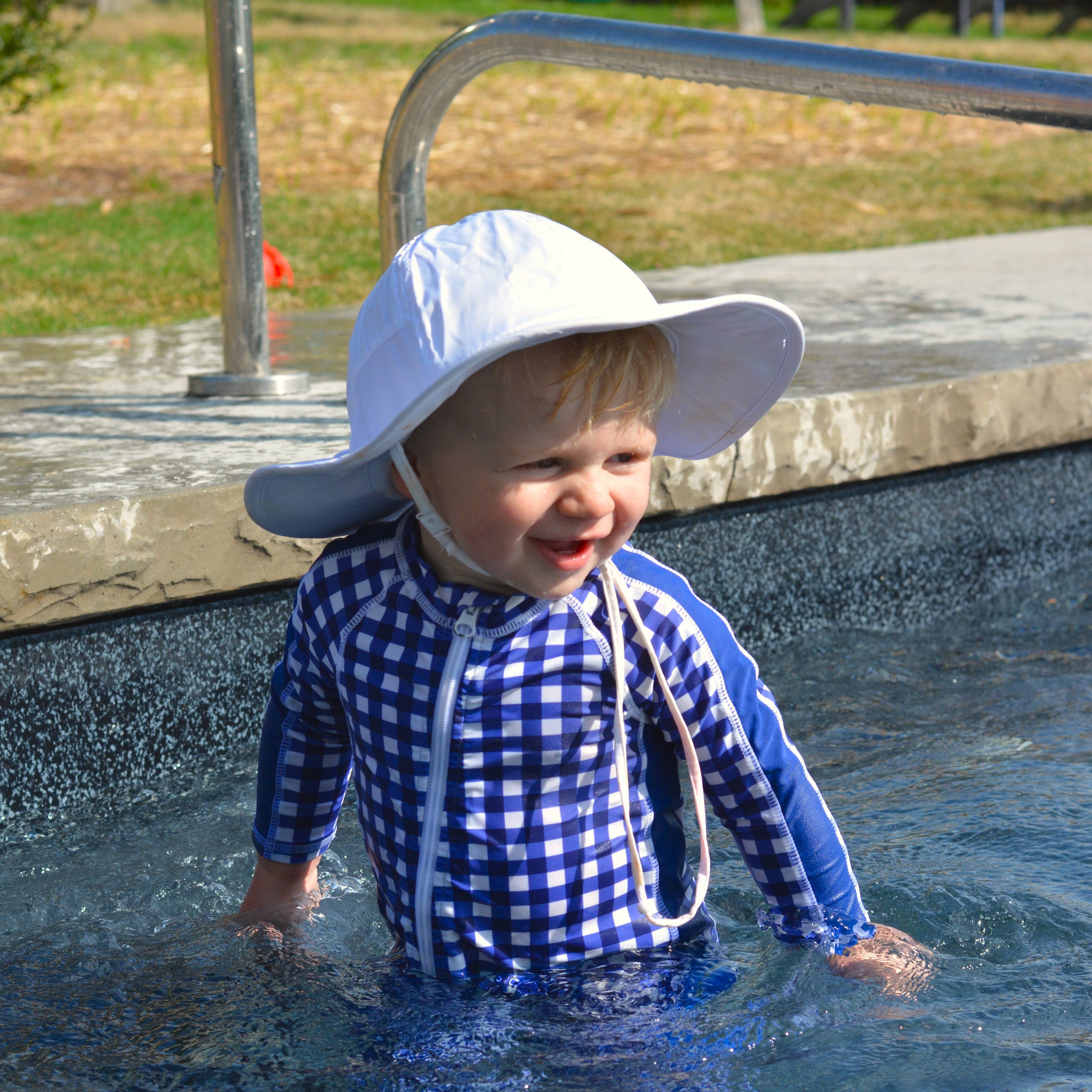 Sunsuit - Long Sleeve Romper Swimsuit | "Navy Gingham"-SwimZip UPF 50+ Sun Protective Swimwear & UV Zipper Rash Guards-pos4