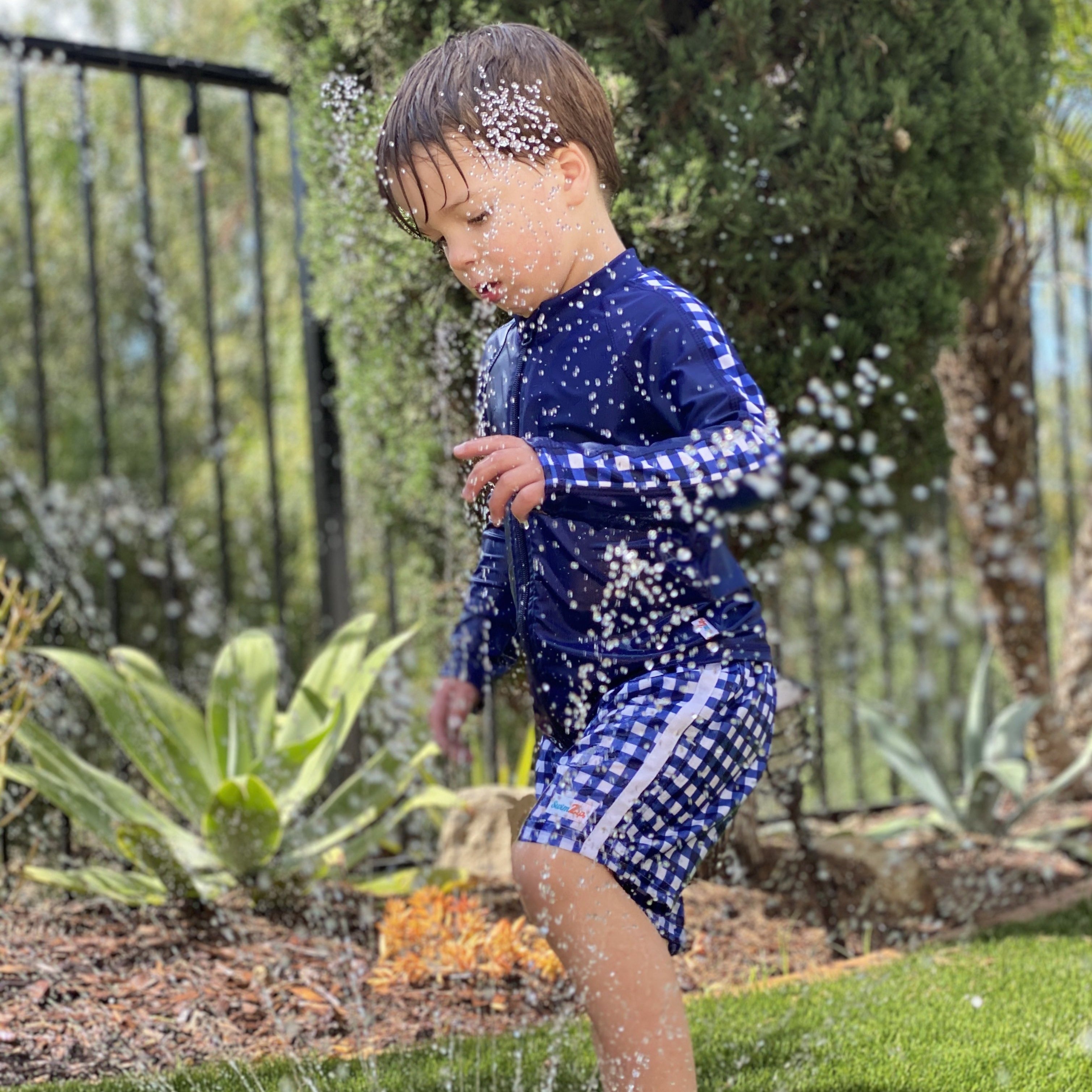 Boys Long Sleeve Zipper Rash Guard and Swim Trunk Set | "Navy Gingham"-SwimZip UPF 50+ Sun Protective Swimwear & UV Zipper Rash Guards-pos3