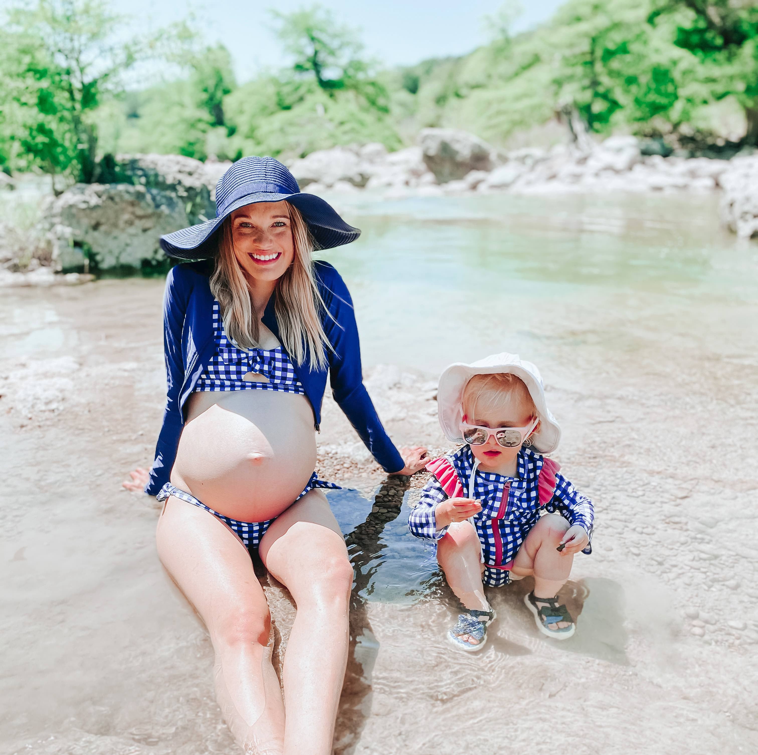 Girls Long Sleeve Rash Guard Ruffle Bottom Swimsuit Set (2 Piece) | "Navy Gingham"-SwimZip UPF 50+ Sun Protective Swimwear & UV Zipper Rash Guards-pos7