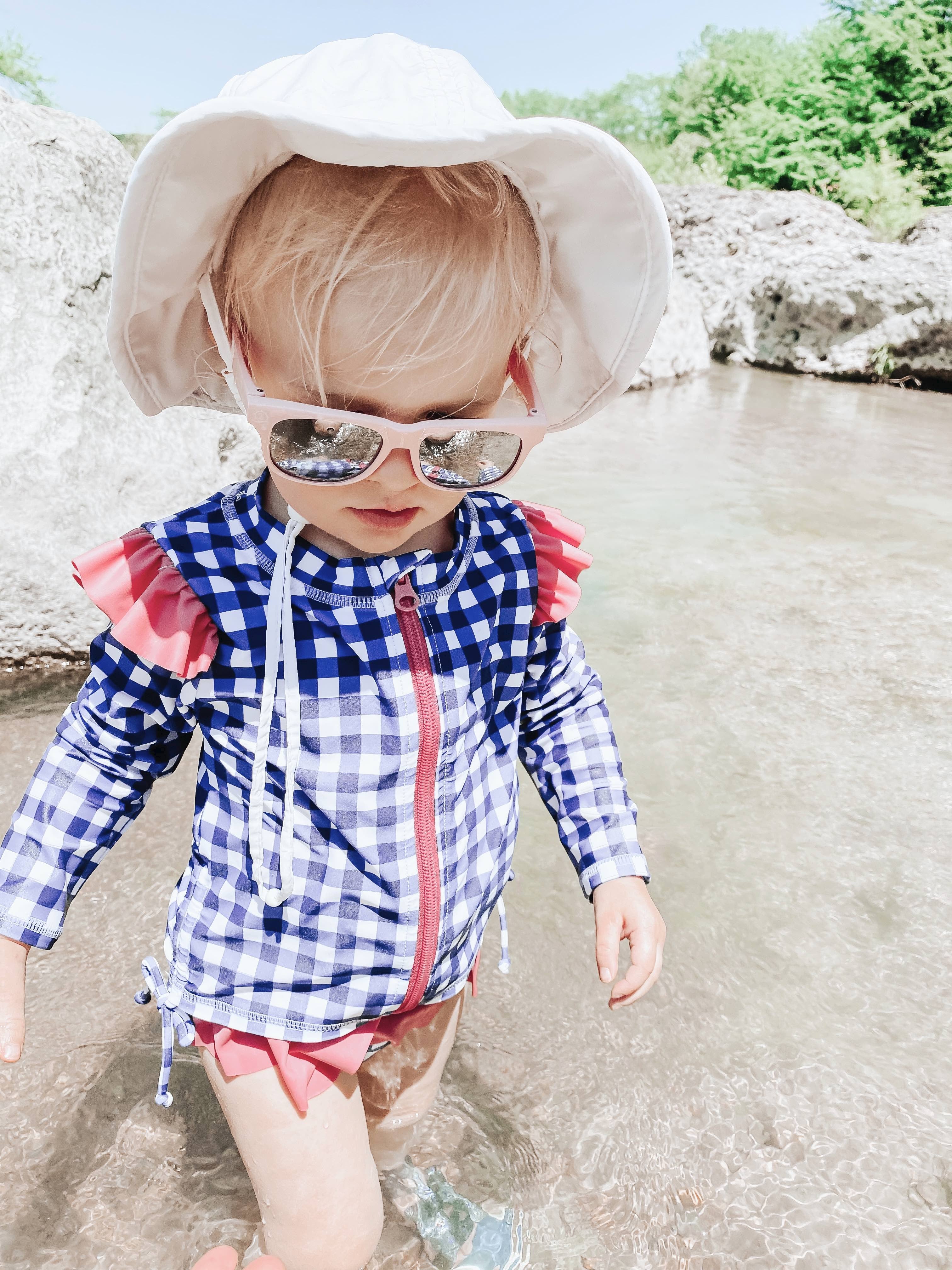 Girls Long Sleeve Rash Guard Ruffle Bottom Swimsuit Set (2 Piece) | "Navy Gingham"-SwimZip UPF 50+ Sun Protective Swimwear & UV Zipper Rash Guards-pos5