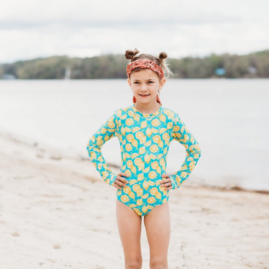 Girls Long Sleeve Surf Suit (One Piece Bodysuit) | "Lemons"-SwimZip UPF 50+ Sun Protective Swimwear & UV Zipper Rash Guards-pos2