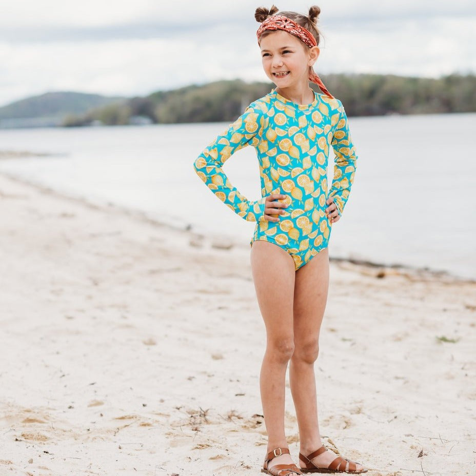 Girls Long Sleeve Surf Suit (One Piece Bodysuit) | "Lemons"-SwimZip UPF 50+ Sun Protective Swimwear & UV Zipper Rash Guards-pos10