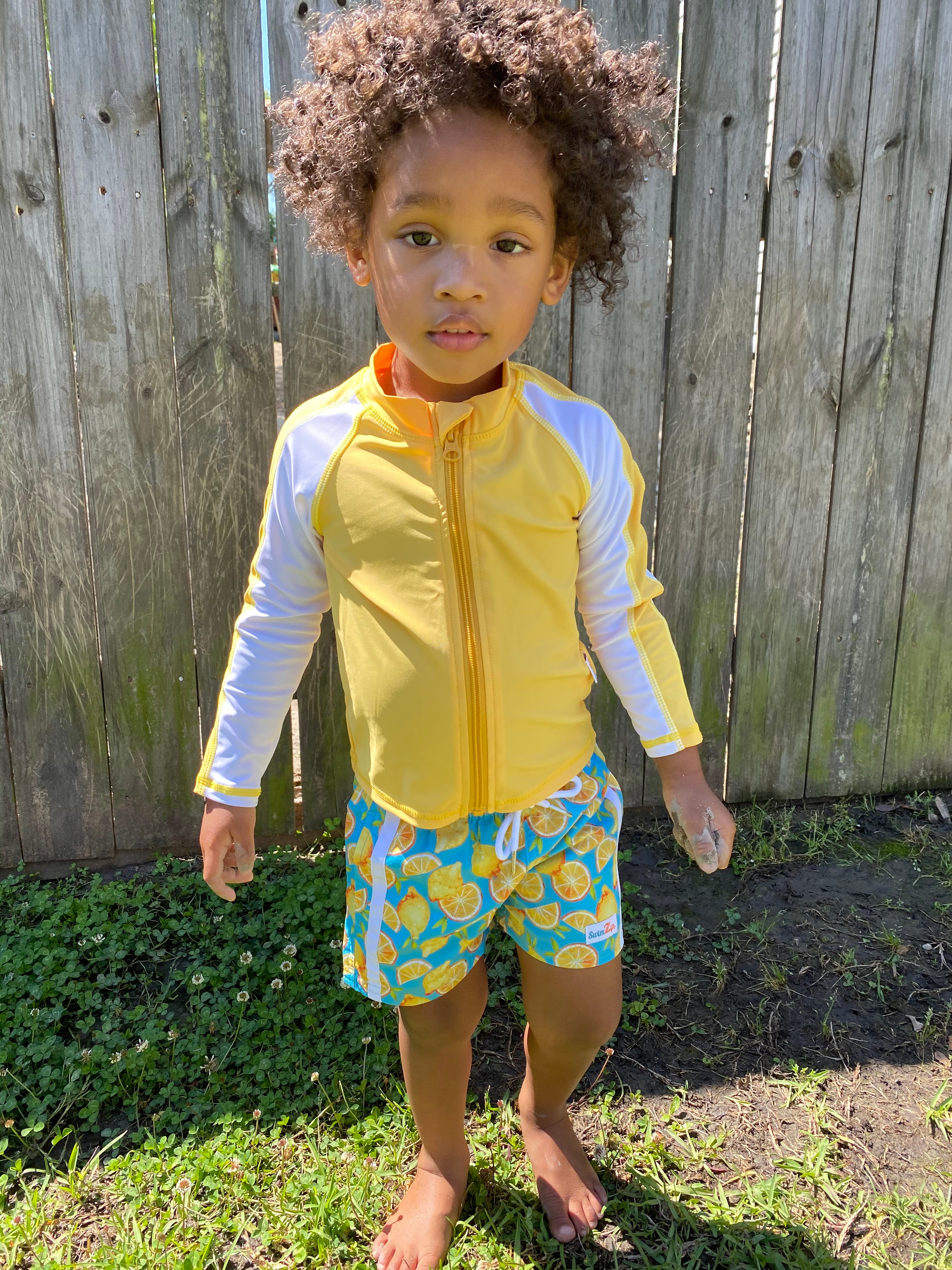 Boys Long Sleeve Zipper Rash Guard and Swim Trunk Set | "Lemons"-SwimZip UPF 50+ Sun Protective Swimwear & UV Zipper Rash Guards-pos3
