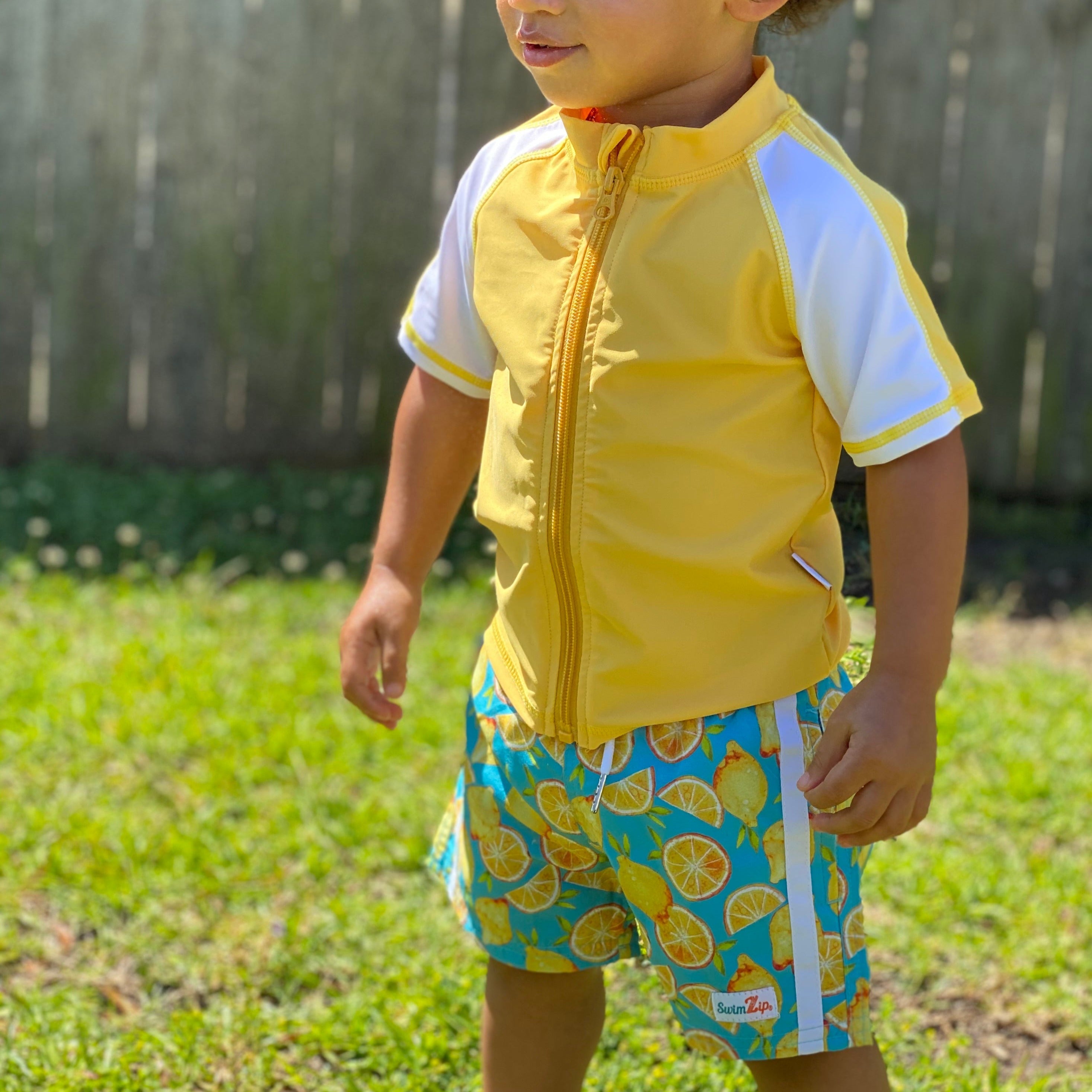 Boys Short Sleeve Zipper Rash Guard and Swim Trunk Set | "Lemons"-SwimZip UPF 50+ Sun Protective Swimwear & UV Zipper Rash Guards-pos4