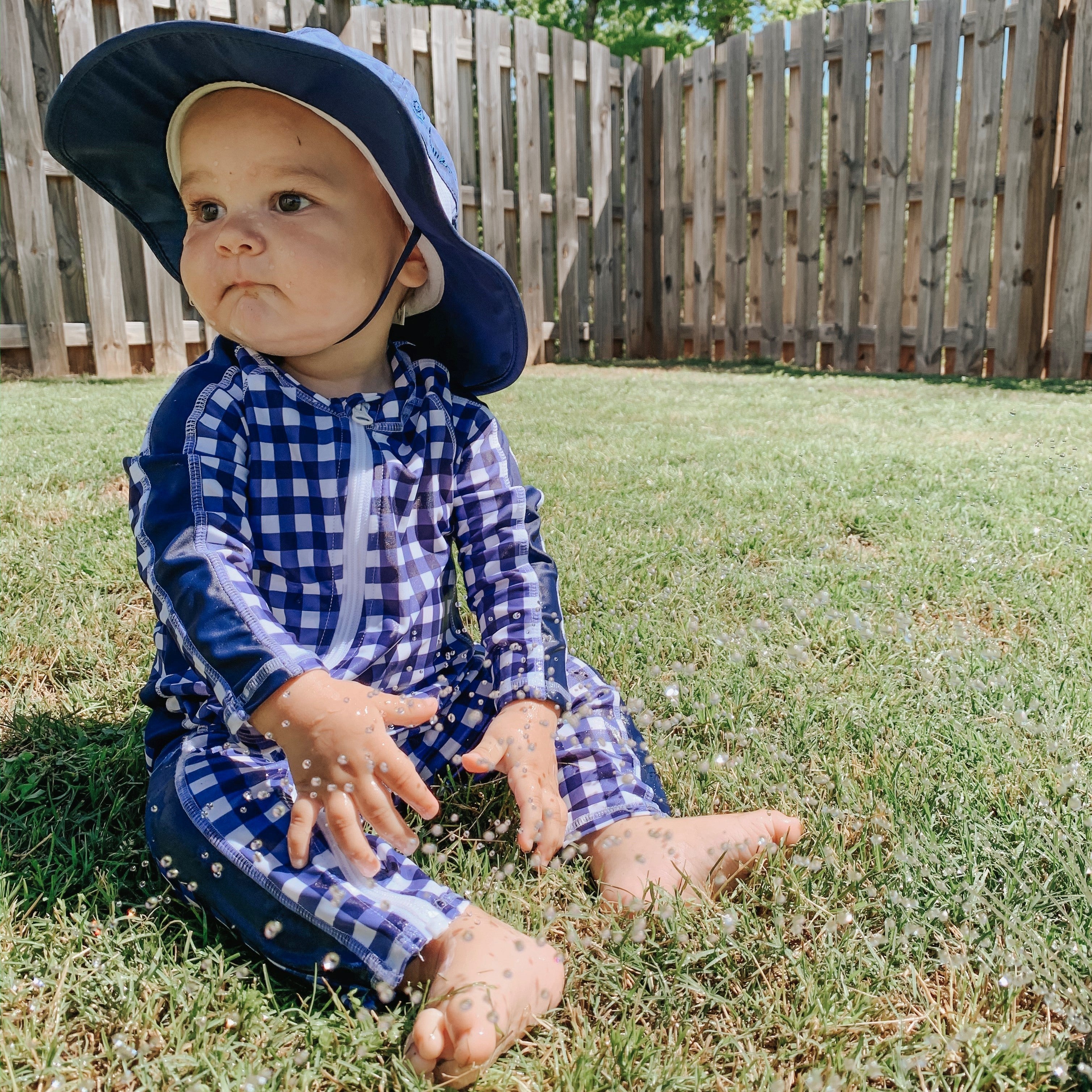 Sunsuit - Long Sleeve Romper Swimsuit | "Navy Gingham"-SwimZip UPF 50+ Sun Protective Swimwear & UV Zipper Rash Guards-pos3