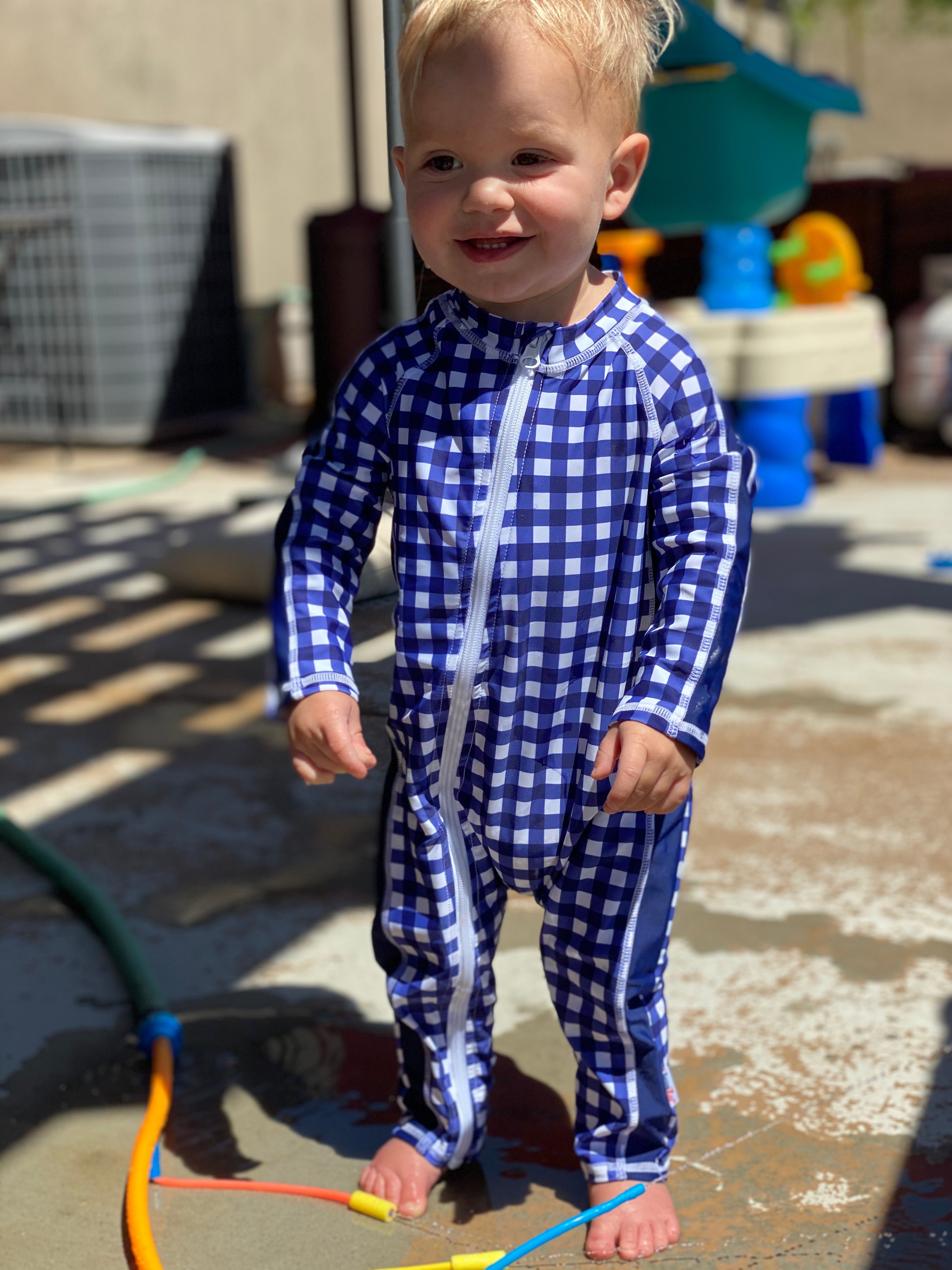 Sunsuit - Long Sleeve Romper Swimsuit | "Navy Gingham"-SwimZip UPF 50+ Sun Protective Swimwear & UV Zipper Rash Guards-pos5
