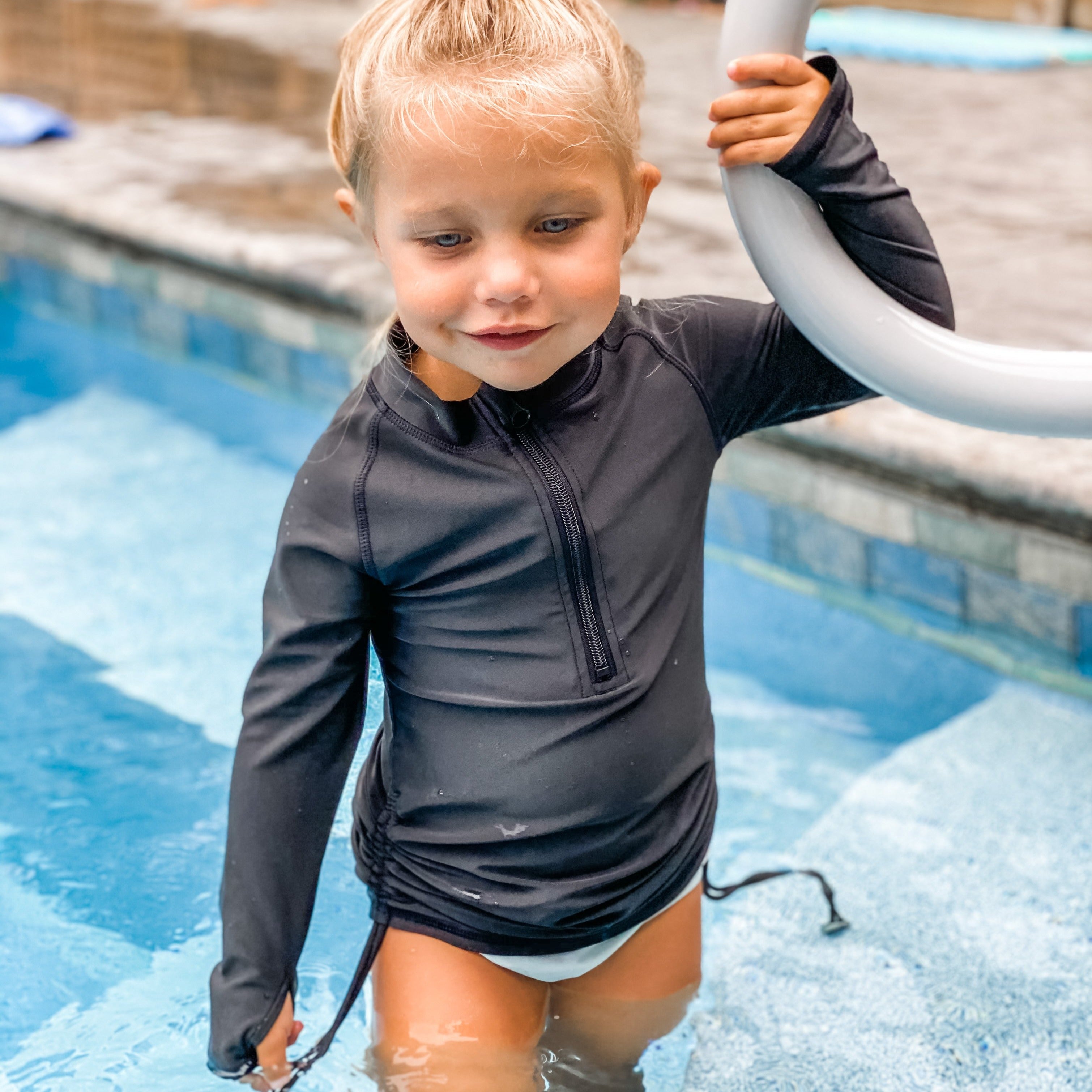 Girls Long Sleeve Swim Dress Cover Up | "Black"-SwimZip UPF 50+ Sun Protective Swimwear & UV Zipper Rash Guards-pos11
