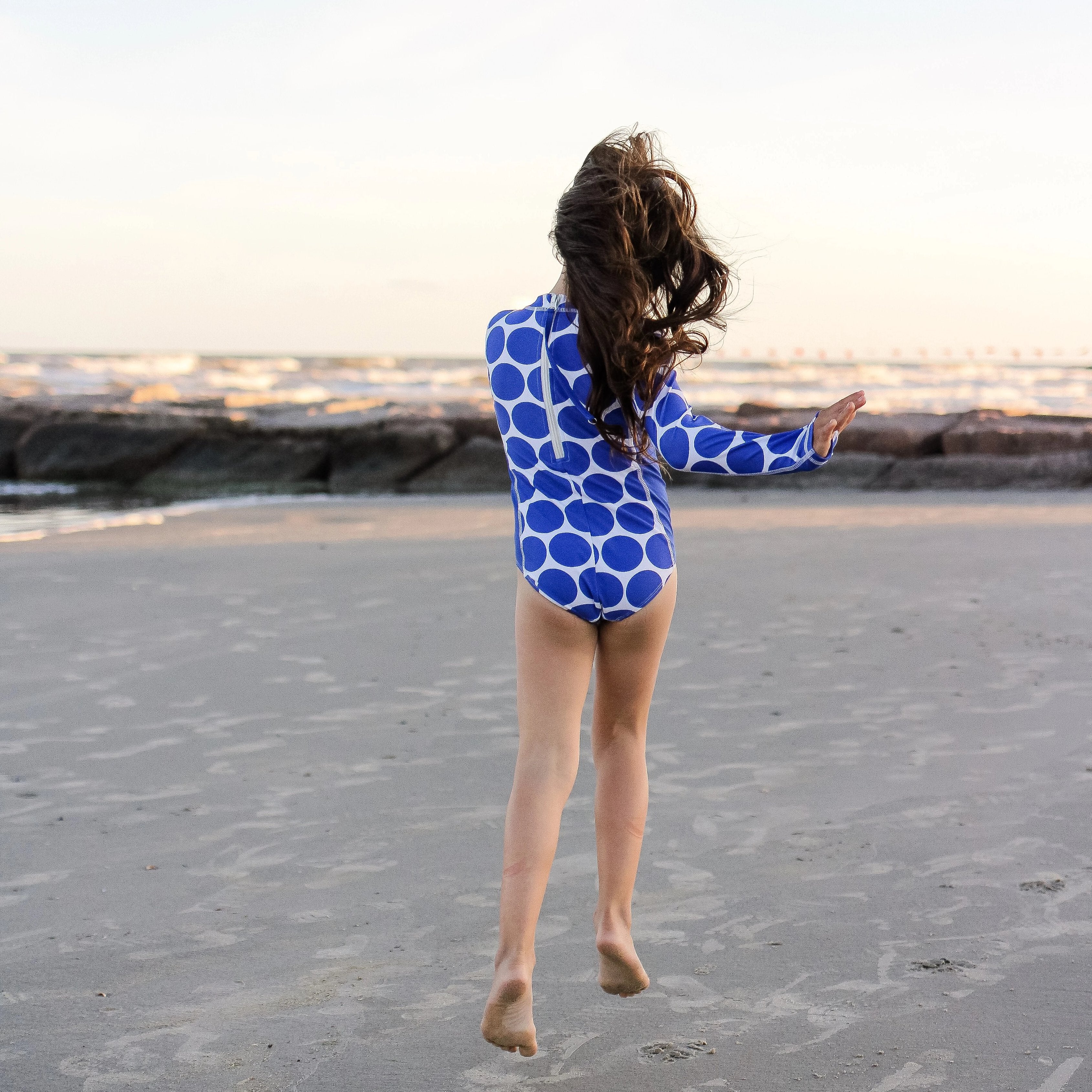 Girls Long Sleeve Surf Suit (One Piece Bodysuit) | "Oversized Dot"-SwimZip UPF 50+ Sun Protective Swimwear & UV Zipper Rash Guards-pos10