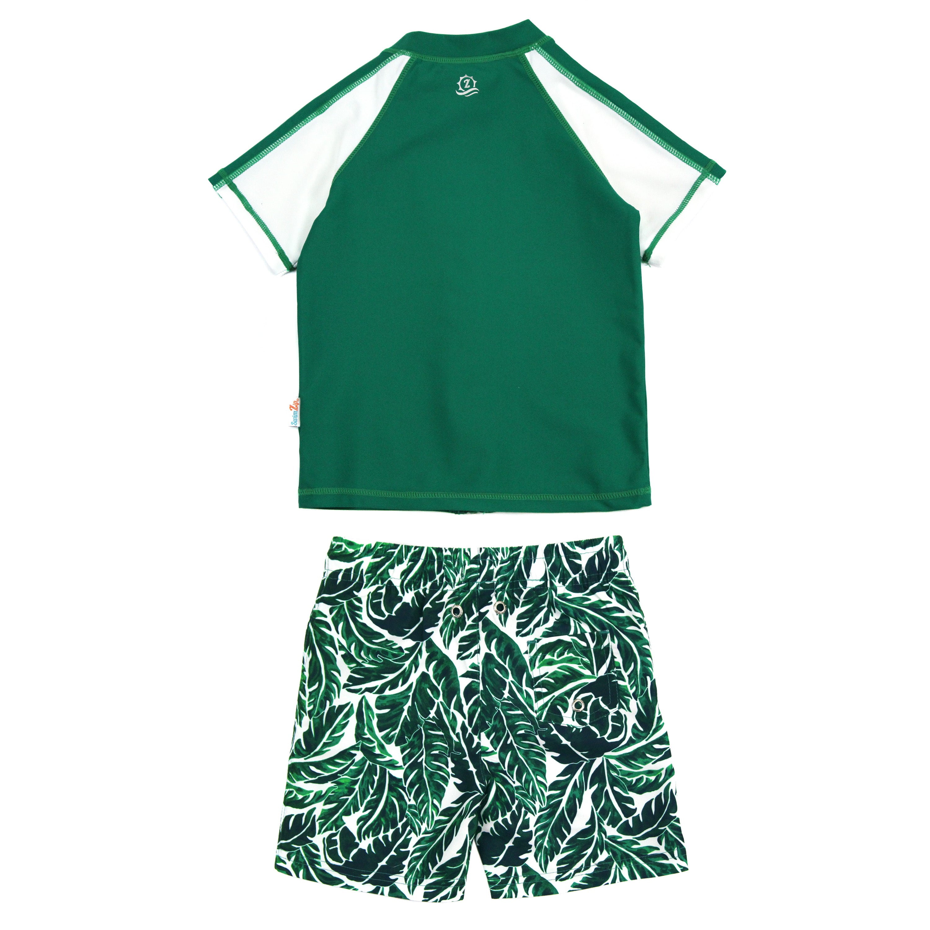 Boys Short Sleeve Zipper Rash Guard and Swim Trunk Set | "Palm Leaf"-SwimZip UPF 50+ Sun Protective Swimwear & UV Zipper Rash Guards-pos2