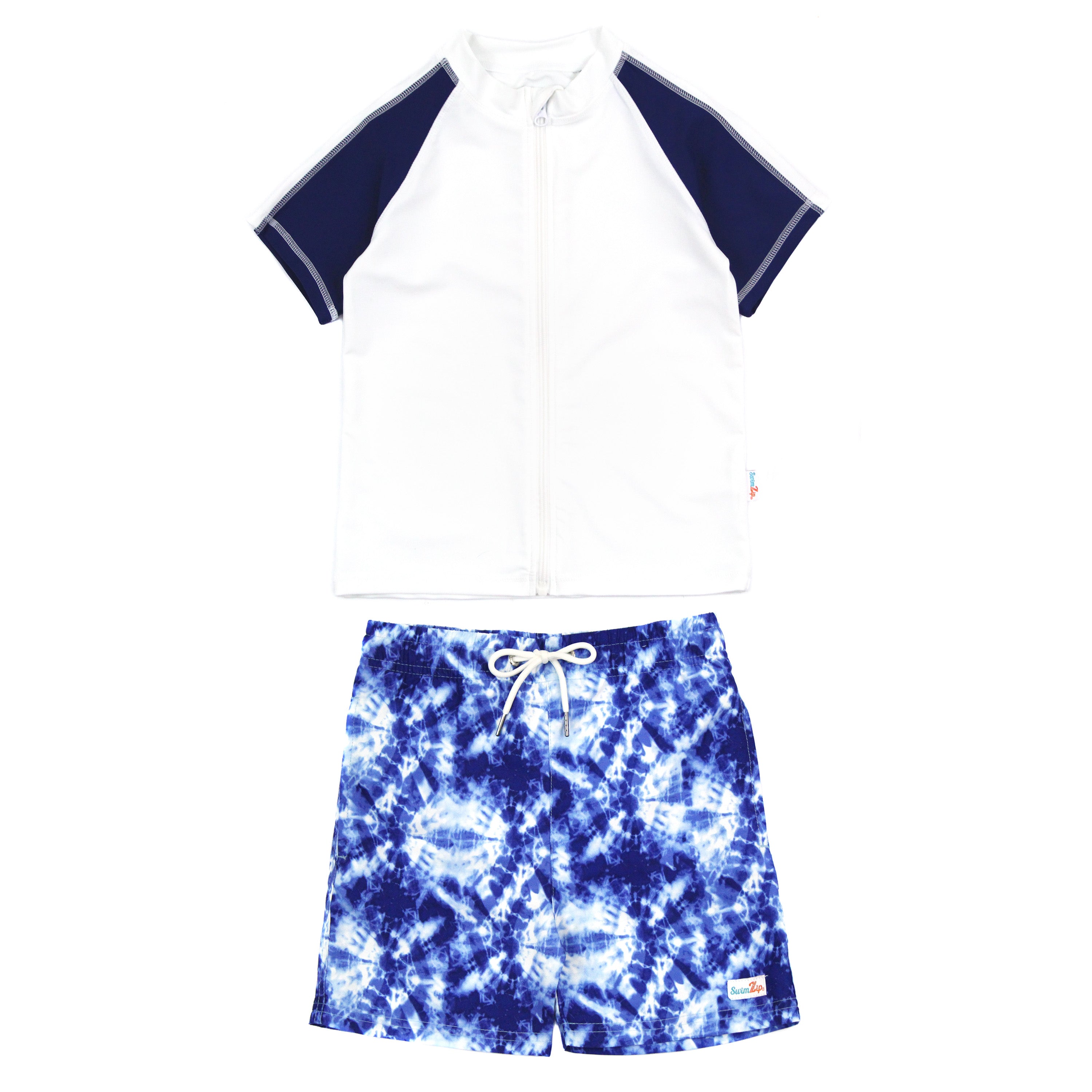 Boys Short Sleeve Zipper Rash Guard and Swim Trunk Set | "Tie Dye"-0-3 Month-Tie Dye-SwimZip UPF 50+ Sun Protective Swimwear & UV Zipper Rash Guards-pos1