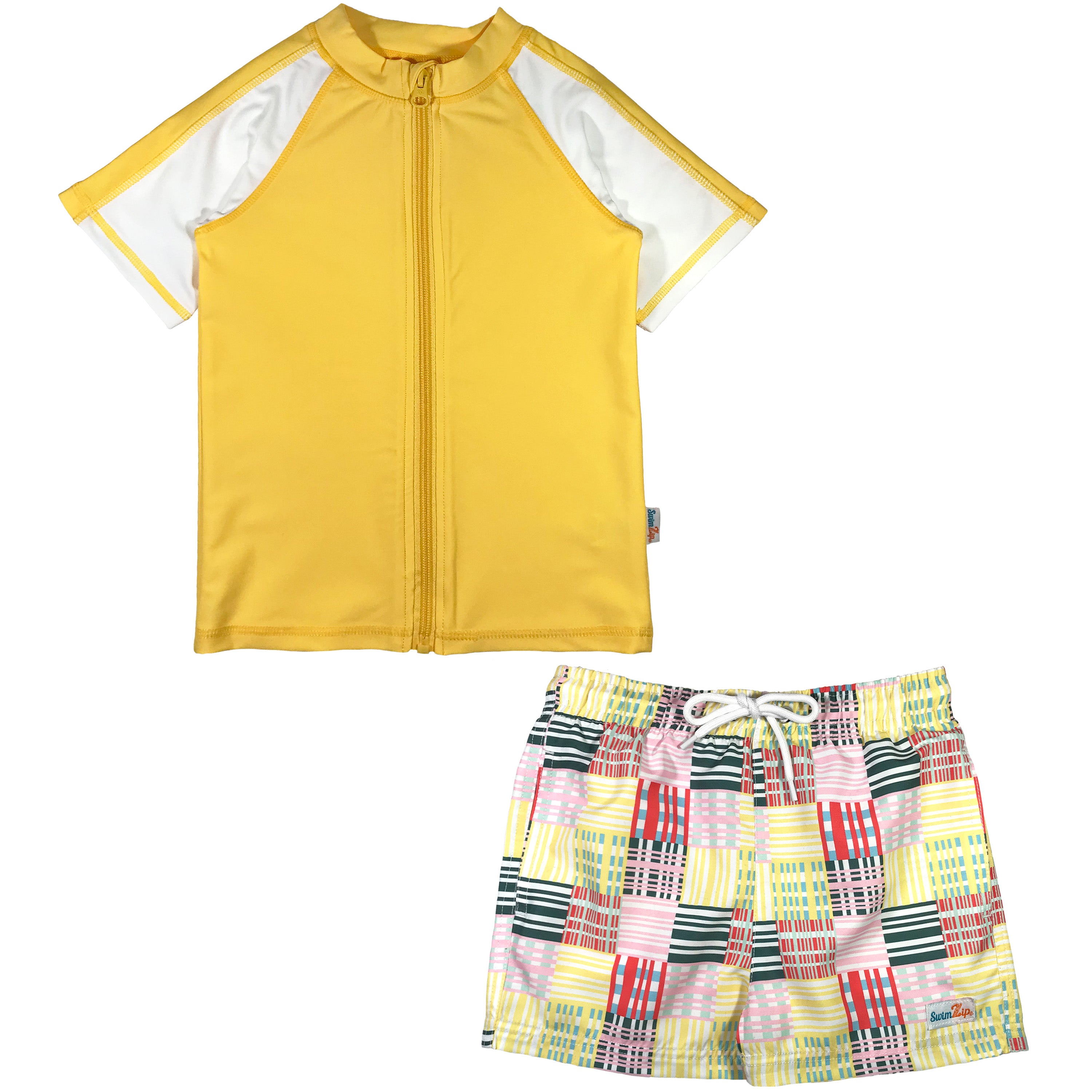 Boys Short Sleeve Zipper Rash Guard and Swim Trunk Set | "Madras Mania"-0-3 Month-Madras Mania-SwimZip UPF 50+ Sun Protective Swimwear & UV Zipper Rash Guards-pos1
