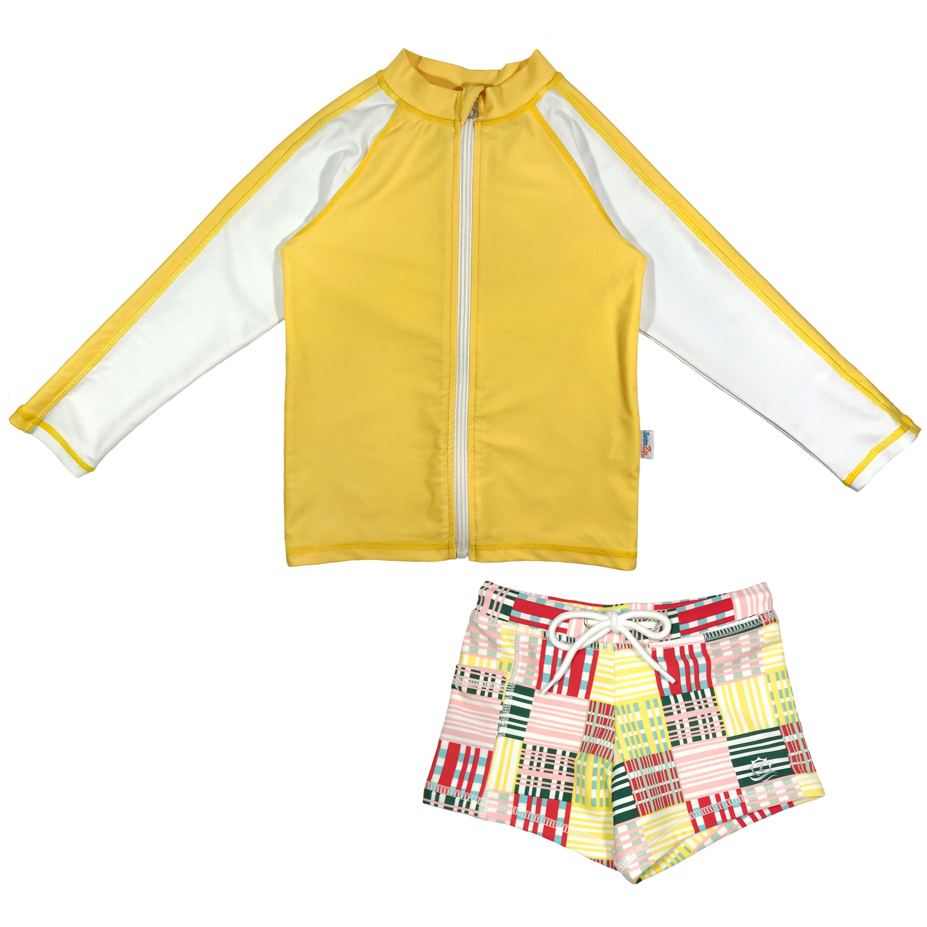 Kids Euro Shorties + Long Sleeve Rash Guard Set | "Madras Mania"-6-12 Month-Madras Mania-SwimZip UPF 50+ Sun Protective Swimwear & UV Zipper Rash Guards-pos1