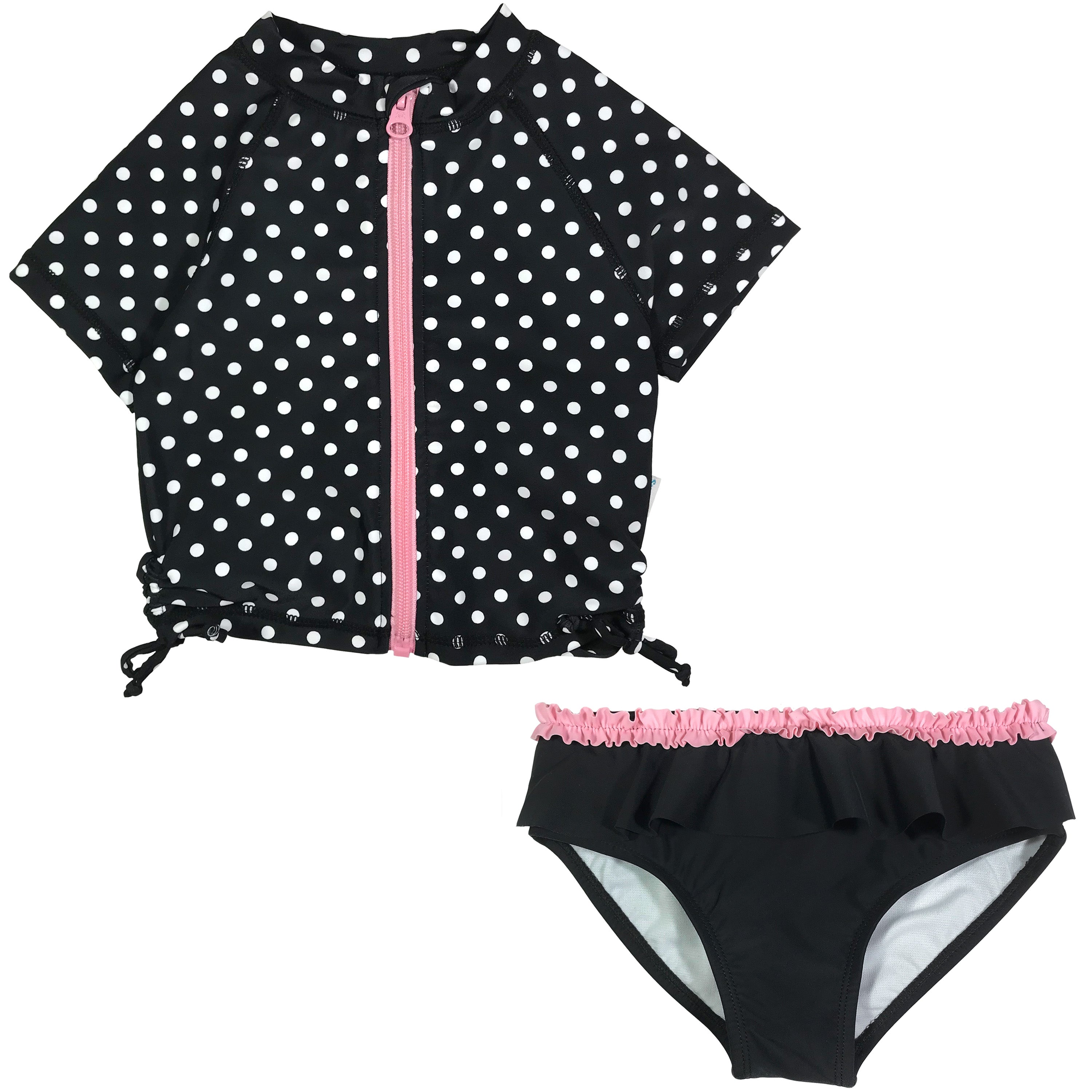 Girls Short Sleeve Rash Guard Swimsuit Set (2 Piece) - "Black Polka Dot"-0-3 Month-Black Polka Dot-SwimZip UPF 50+ Sun Protective Swimwear & UV Zipper Rash Guards-pos1