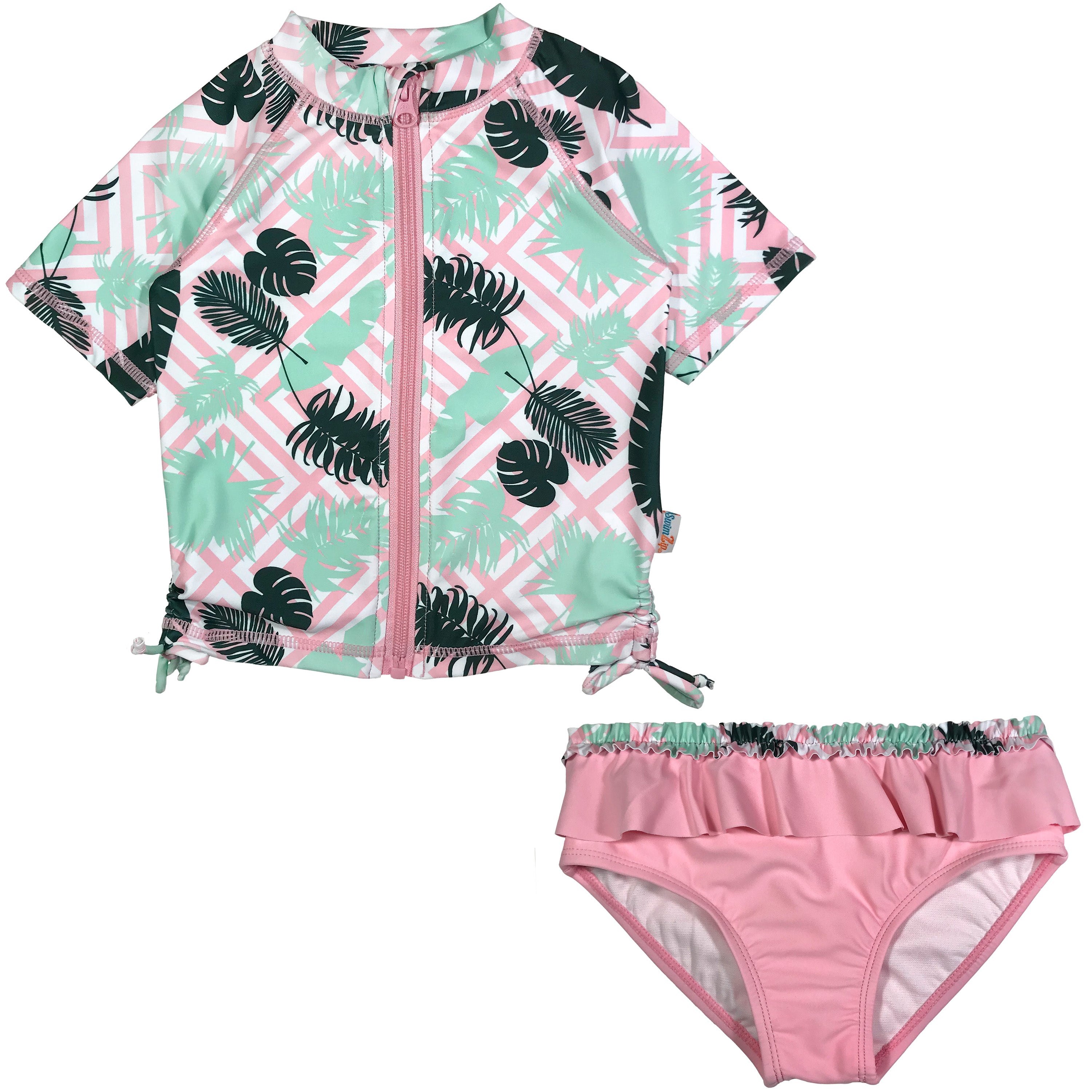 Girls Short Sleeve Rash Guard Swimsuit Set (2 Piece) - "Palm Breeze"-SwimZip UPF 50+ Sun Protective Swimwear & UV Zipper Rash Guards-pos1