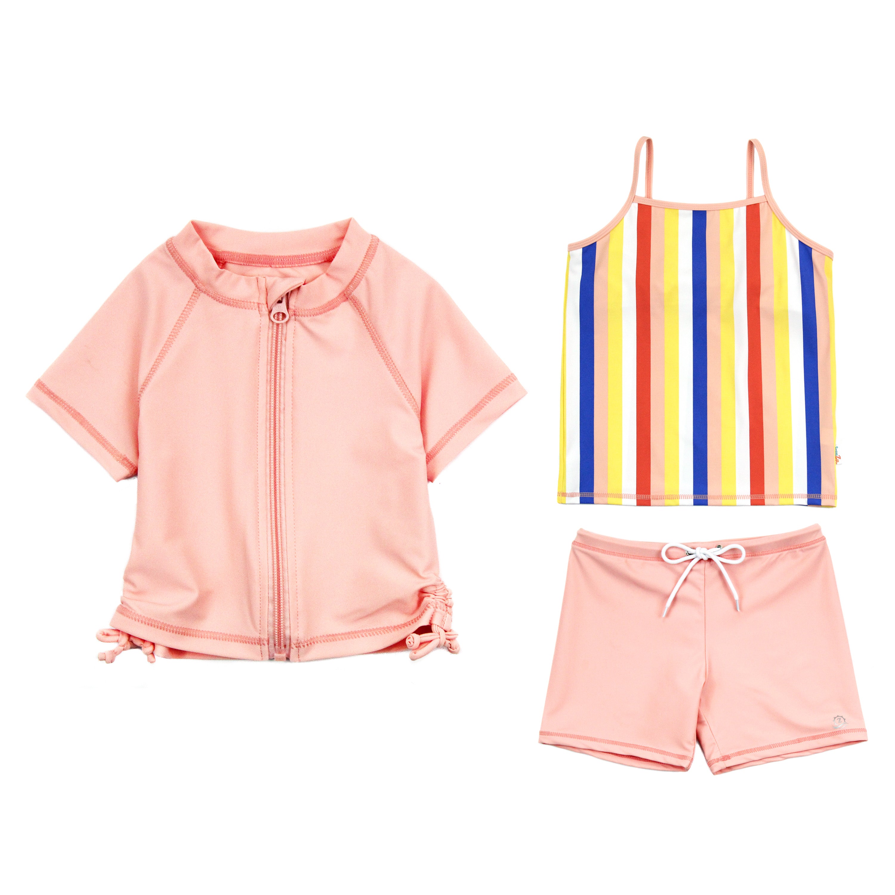 Girls Short Sleeve Rash Guard + Tankini Shorts Set (3 Piece) - "Multi Stripe"-6-12 Month-Multi Stripe-SwimZip UPF 50+ Sun Protective Swimwear & UV Zipper Rash Guards-pos1