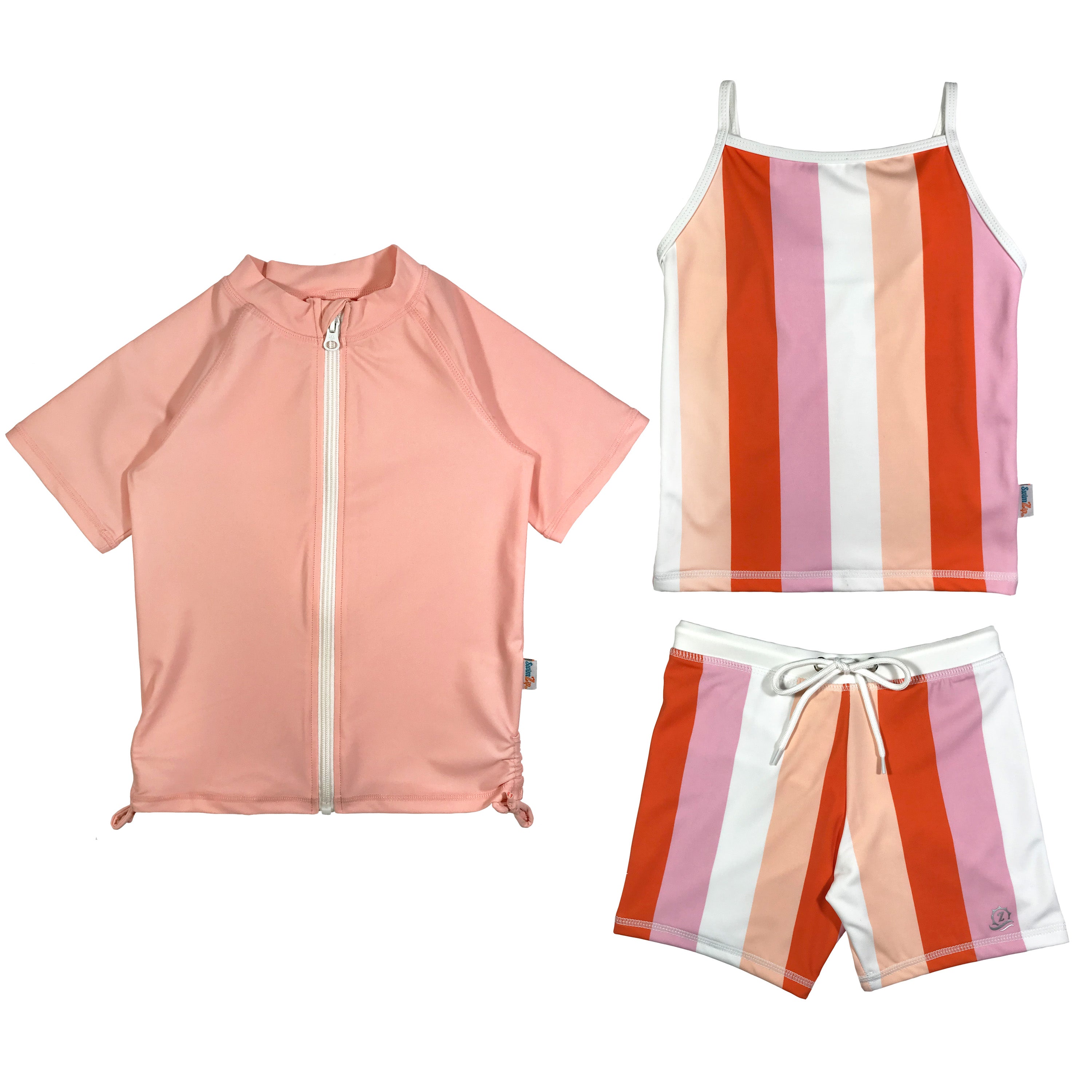 Girls Short Sleeve Rash Guard + Tankini Shorts Set (3 Piece) - "Peachy Stripes"-6-12 Month-Peach Stripes-SwimZip UPF 50+ Sun Protective Swimwear & UV Zipper Rash Guards-pos1