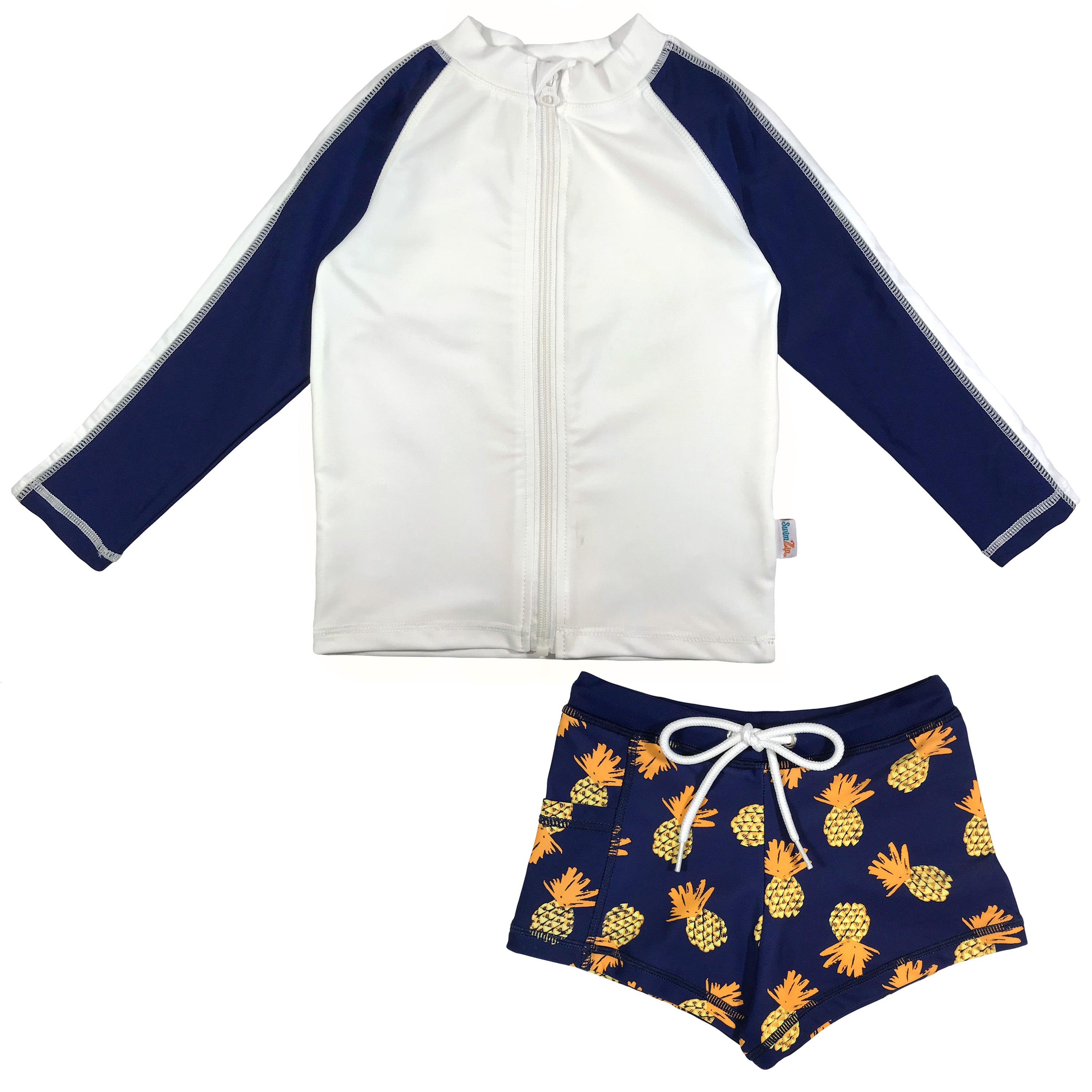 Kids Euro Shorties + Long Sleeve Rash Guard Set | "Pineapple Dreams"-0-3 Month-Pineapple Dreams-SwimZip UPF 50+ Sun Protective Swimwear & UV Zipper Rash Guards-pos1