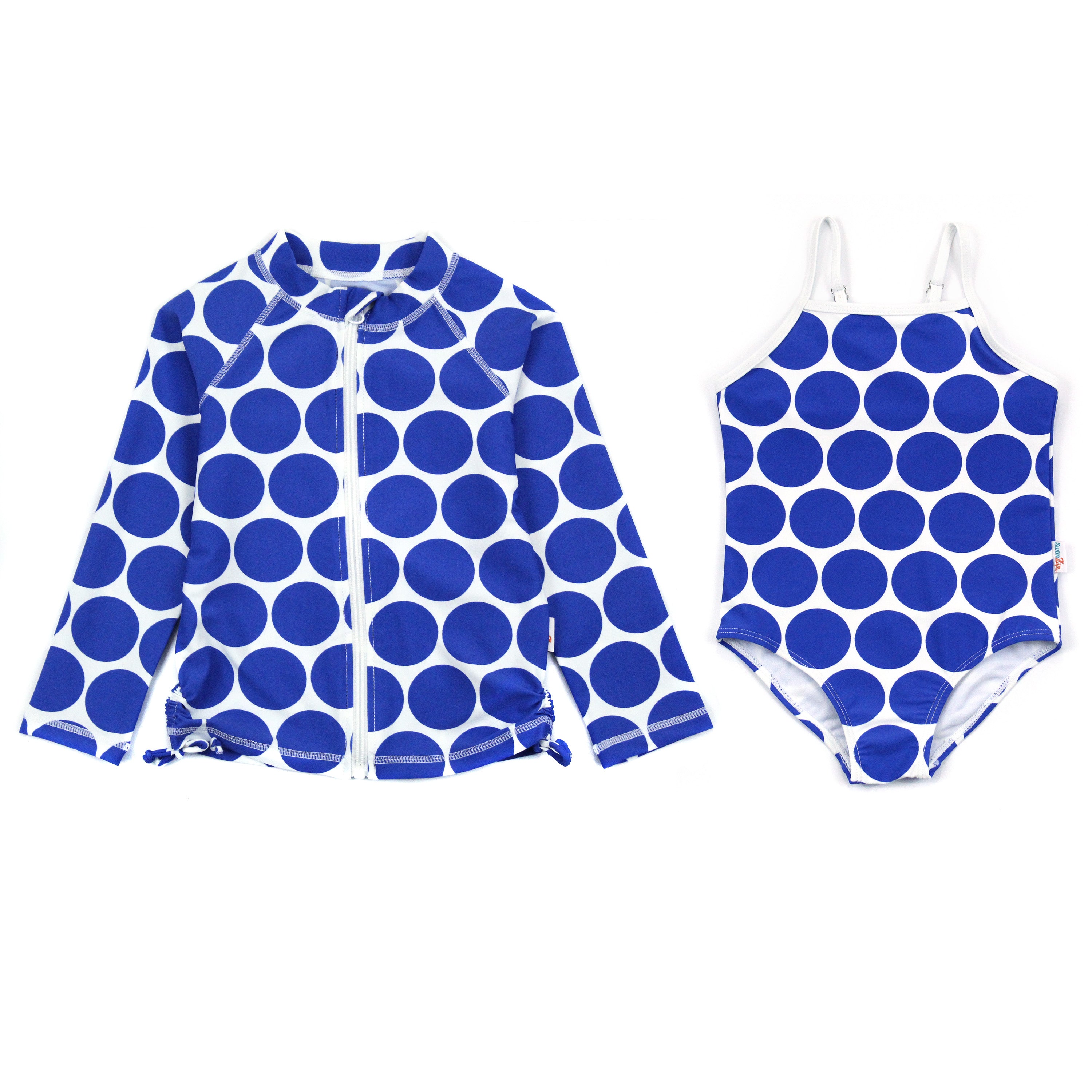 Girls One-Piece Swimsuit + Long Sleeve Rash Guard Set (2 Piece) | "Oversized Dot"-6-12 Month-Dot-SwimZip UPF 50+ Sun Protective Swimwear & UV Zipper Rash Guards-pos1