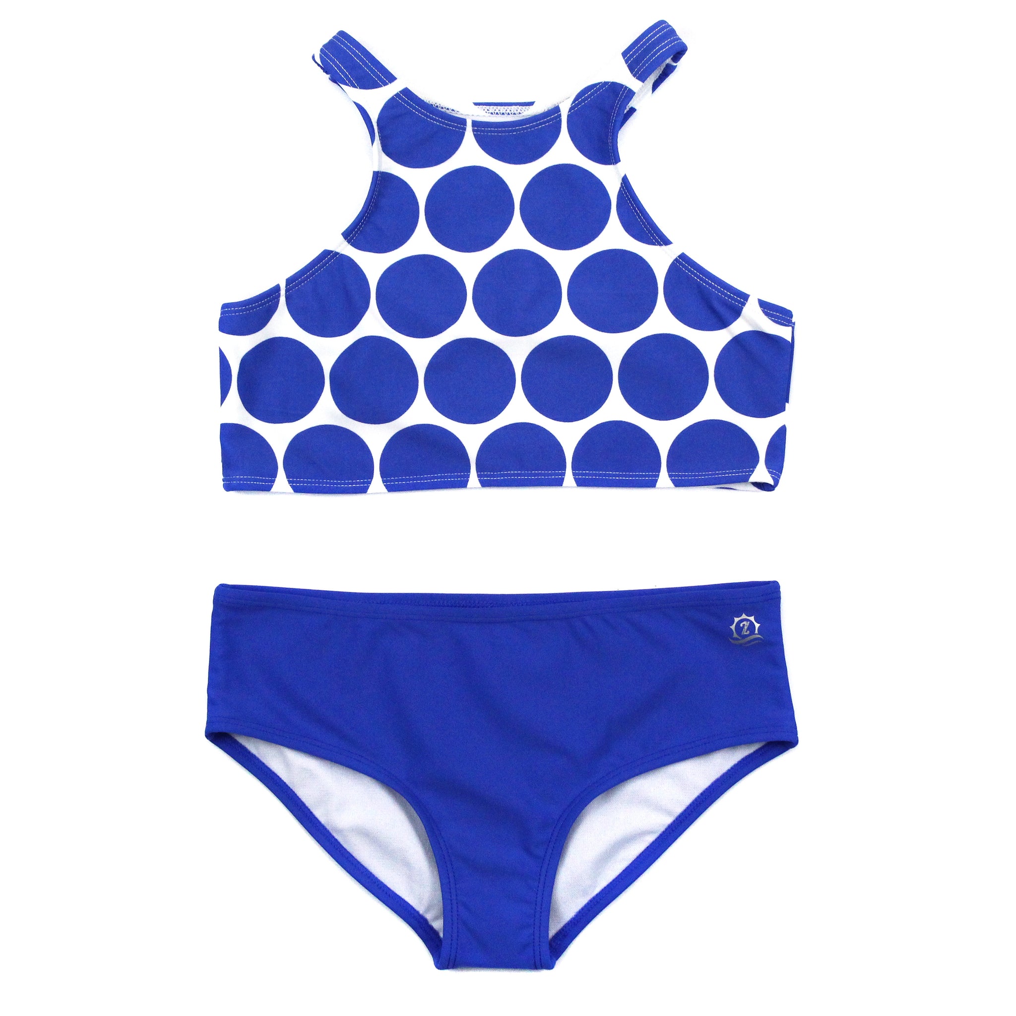 SwimZip Girl's Halter Top Swim Set Oversized Dot Blue UPF 50+
