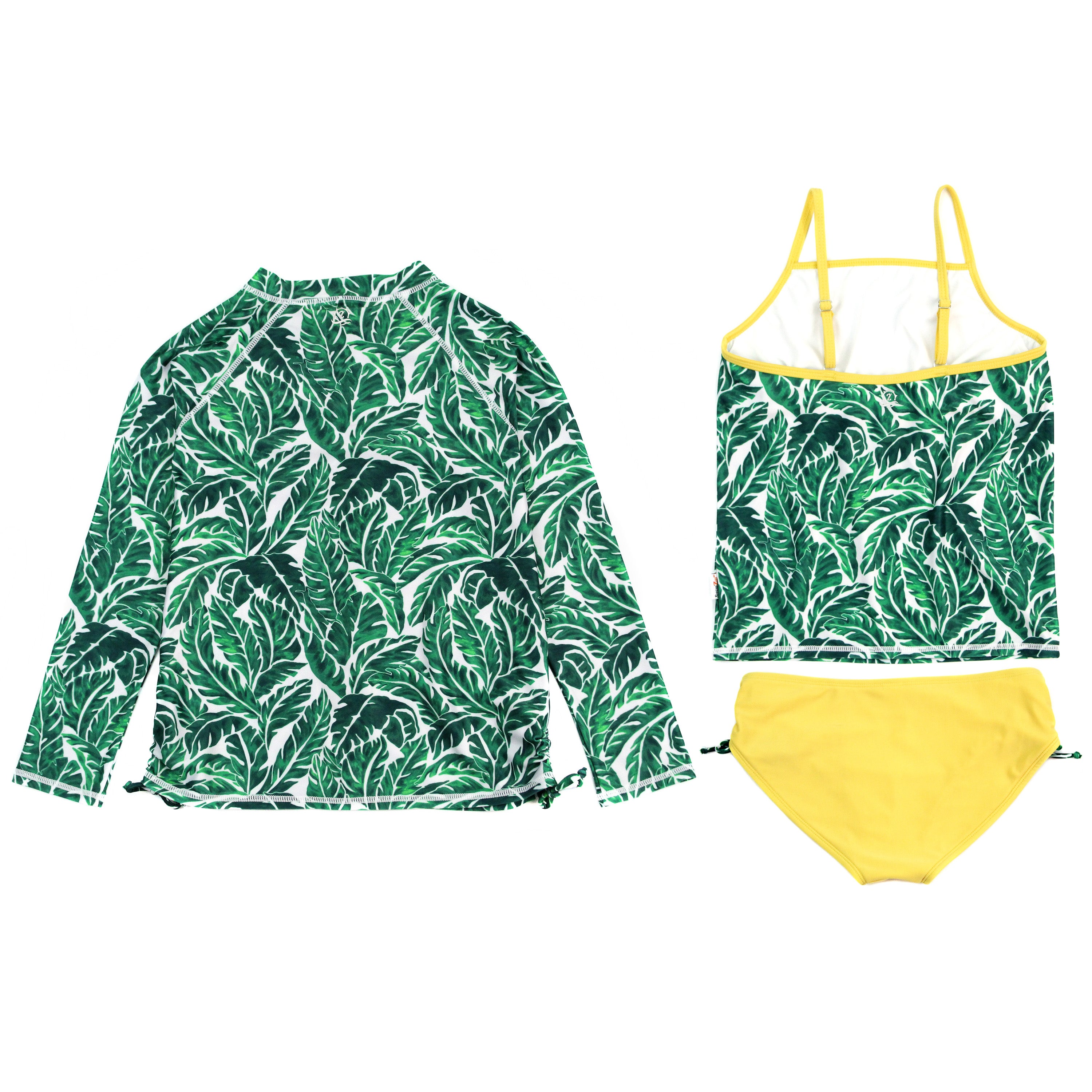 Girls Long Sleeve Rash Guard + Tankini Bikini Set (3 Piece) | "Palm Leaf"-SwimZip UPF 50+ Sun Protective Swimwear & UV Zipper Rash Guards-pos12