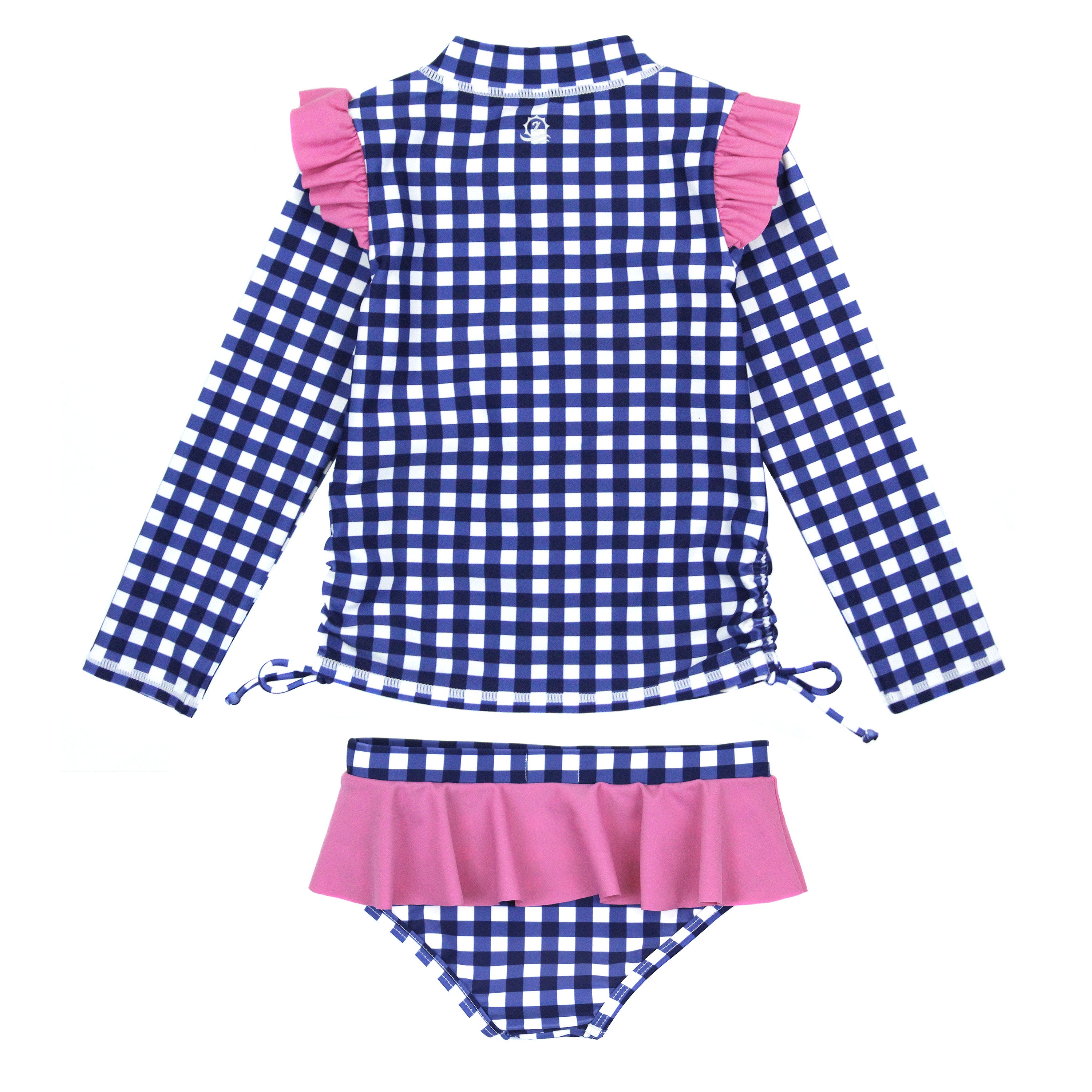 Girls Long Sleeve Rash Guard Ruffle Bottom Swimsuit Set (2 Piece) | "Navy Gingham"-SwimZip UPF 50+ Sun Protective Swimwear & UV Zipper Rash Guards-pos8