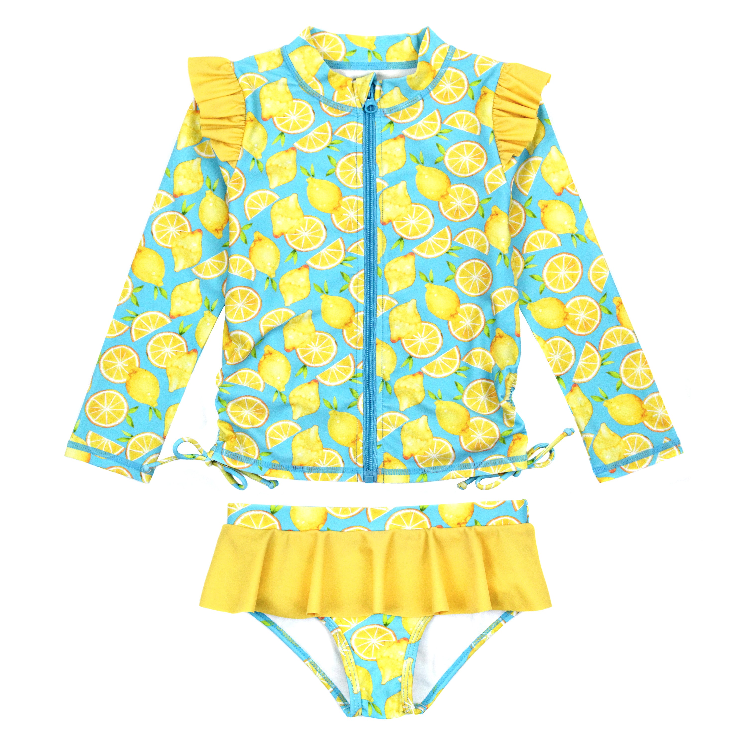 Girls Long Sleeve Rash Guard Ruffle Bottom Swimsuit Set (2 Piece) | "Lemons"-0-3 Month-Lemons-SwimZip UPF 50+ Sun Protective Swimwear & UV Zipper Rash Guards-pos1