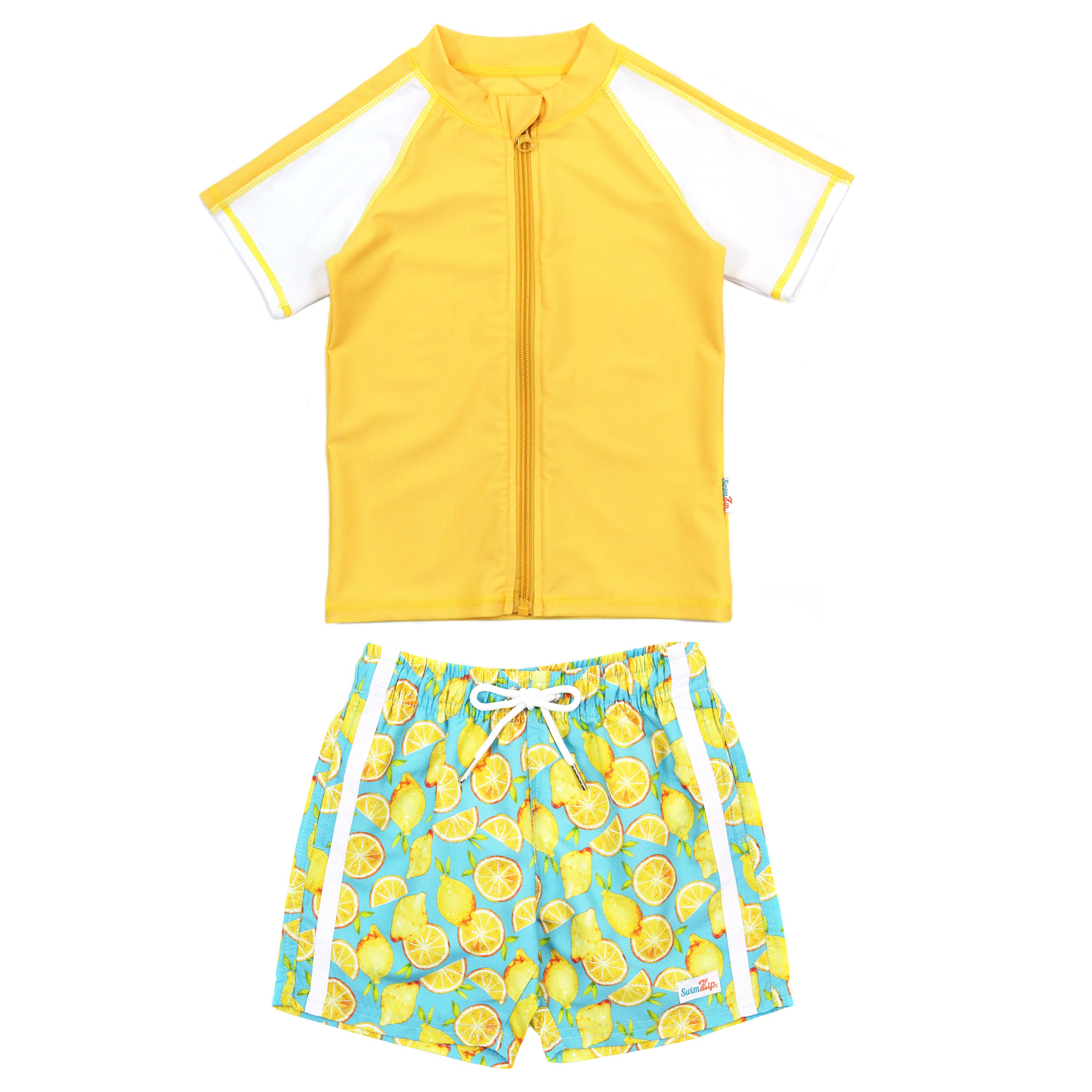 Boys Short Sleeve Zipper Rash Guard and Swim Trunk Set | "Lemons"-6-12 Month-Lemons-SwimZip UPF 50+ Sun Protective Swimwear & UV Zipper Rash Guards-pos1