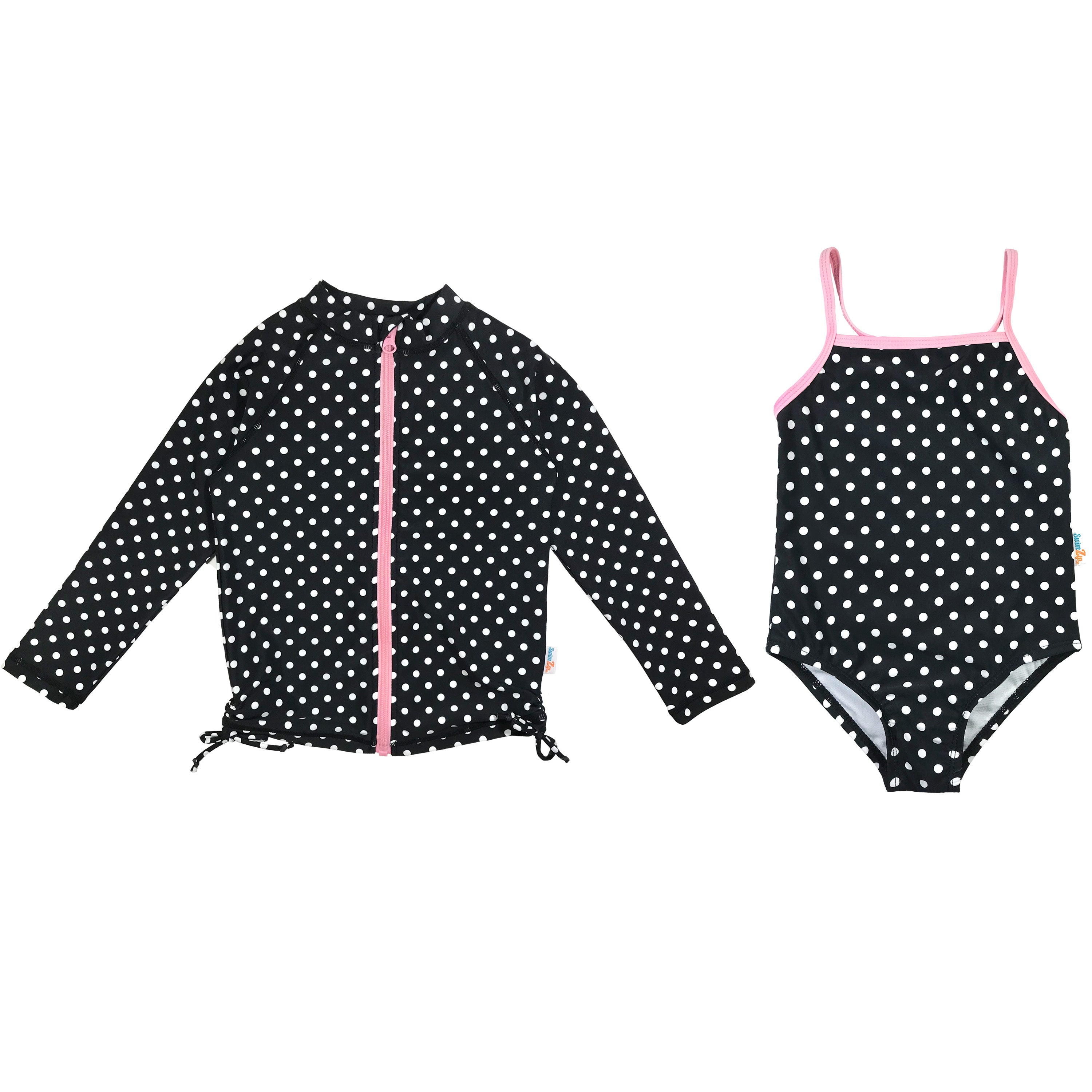 Girls One-Piece Swimsuit + Long Sleeve Rash Guard Set (2 Piece) | "Black Polka Dot"-SwimZip UPF 50+ Sun Protective Swimwear & UV Zipper Rash Guards-pos1