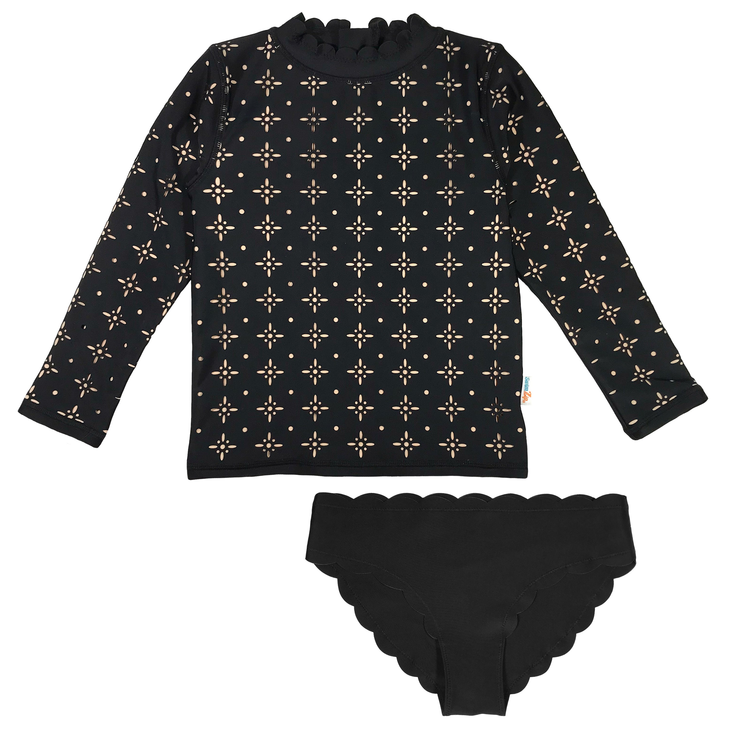 Girls Long Sleeve Rash Guard Scallop Neck + Swim Bottoms Set - “Black”-6-12 Month-Black-SwimZip UPF 50+ Sun Protective Swimwear & UV Zipper Rash Guards-pos1